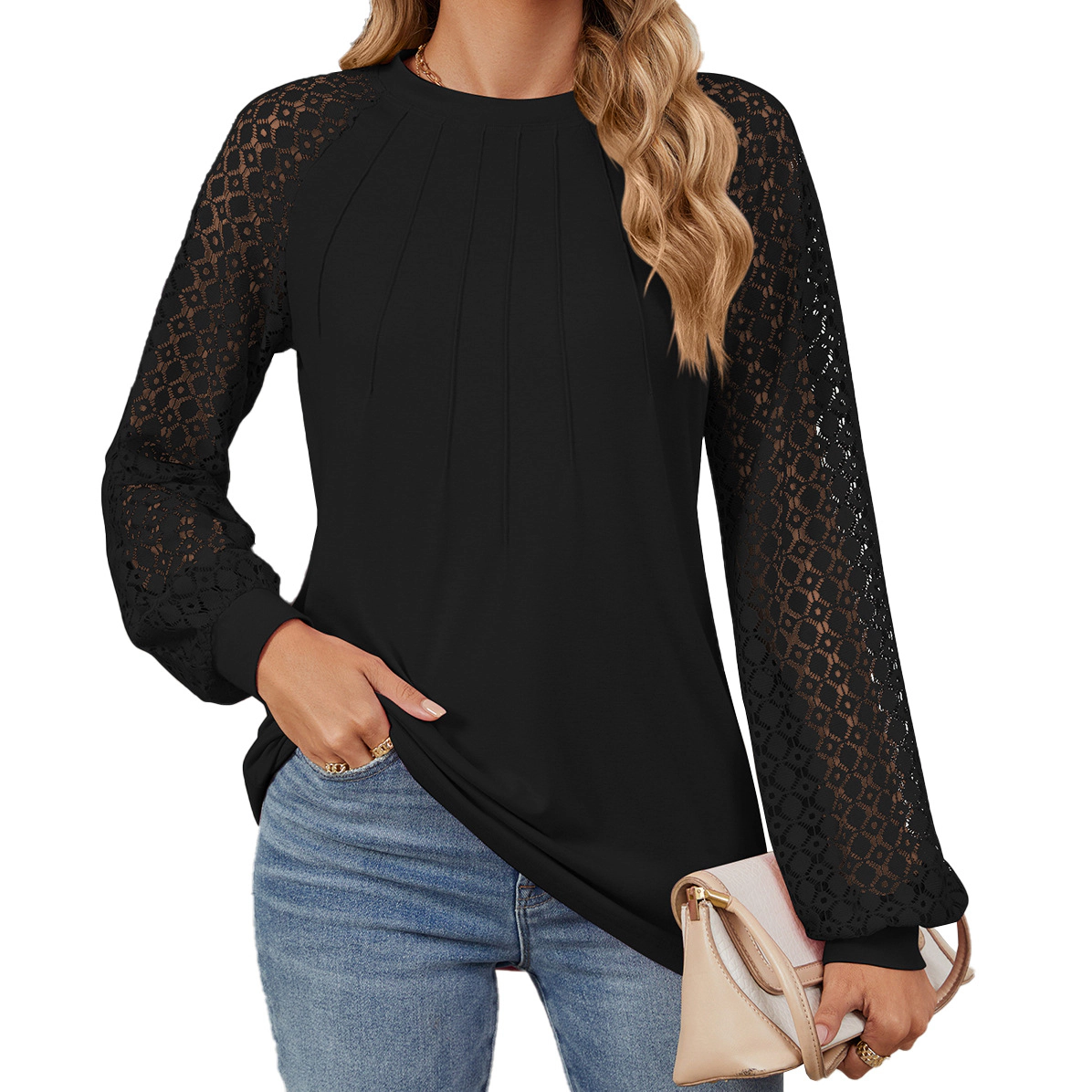 Enchanted Funland Womens Crew Neck Pleated Front Lace Raglan Long Sleeve Tops