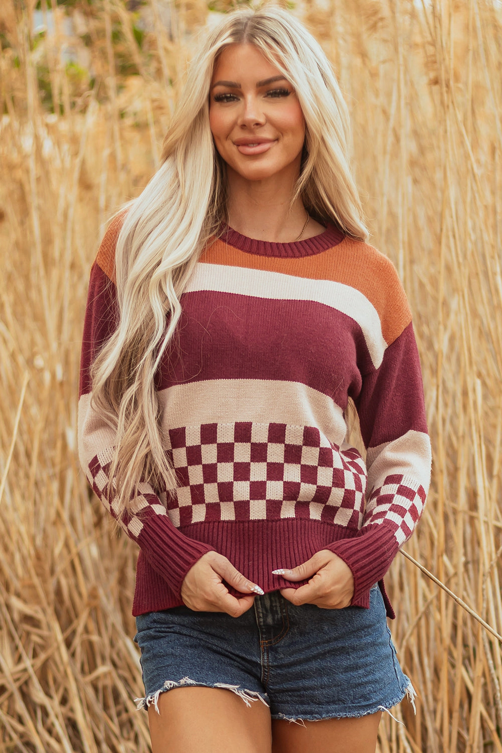 Threaded Pear Women's Noelle Checkered Knitted Sweater