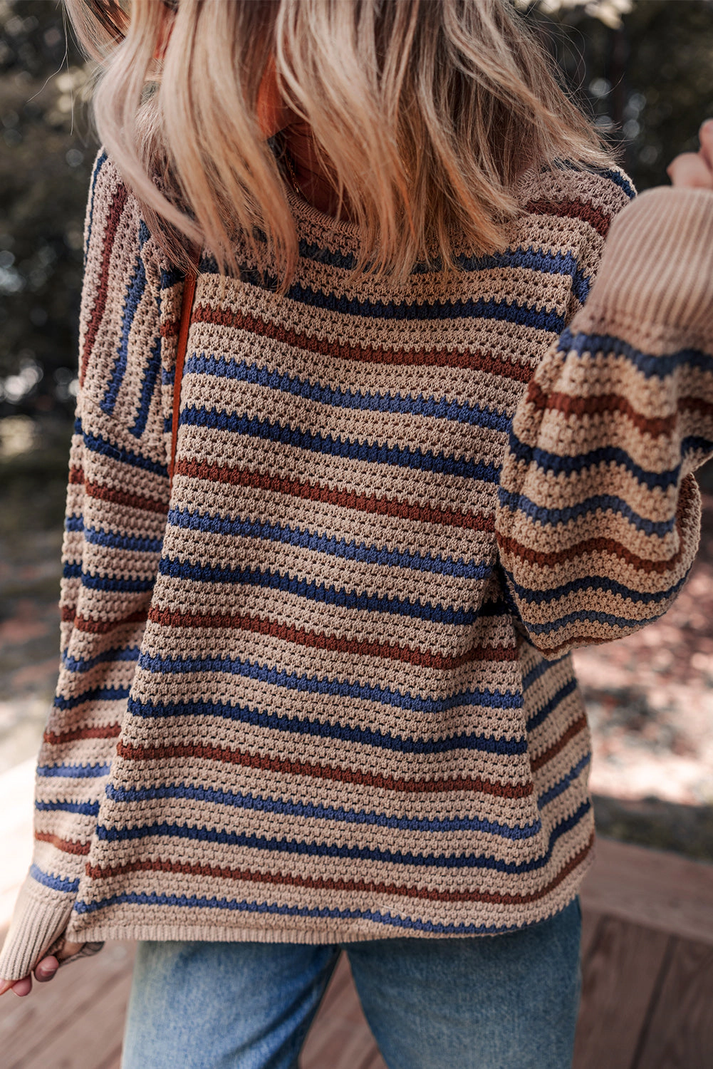 Threaded Pear Women's Emery Striped Knitted Drop Shoulder Round Neck Sweater