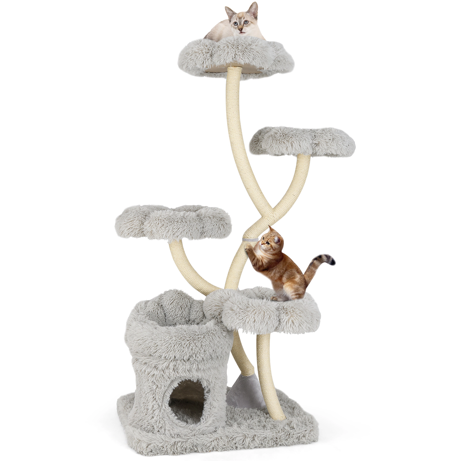 LJG Freestanding Cat Tower with Four Flower-Shaped Platforms and Sisal Scratching Posts