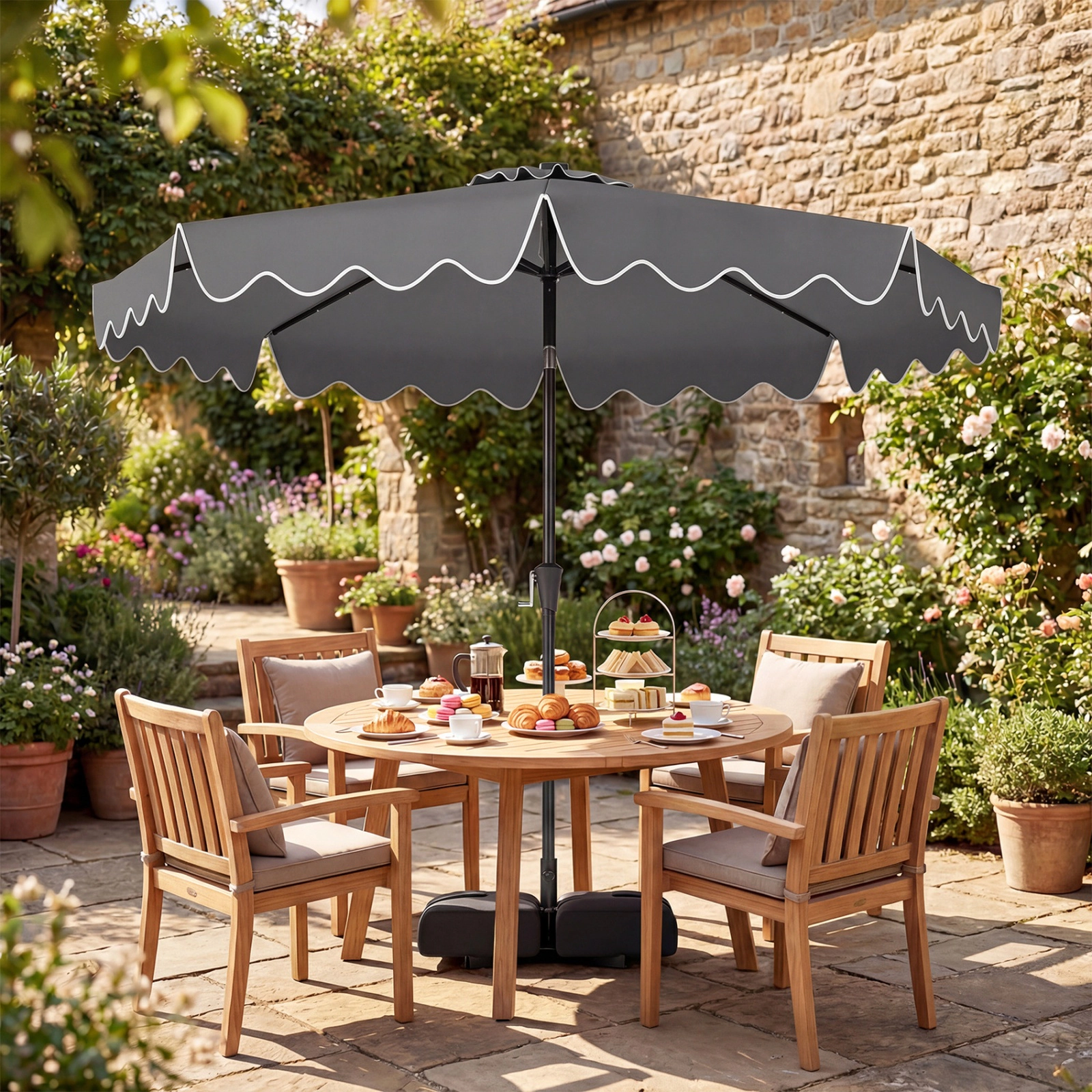 SUGIFT 10-ft Gray Solar LED Patio Umbrella with Weighted Base, Manual Tilt and Crank Lift