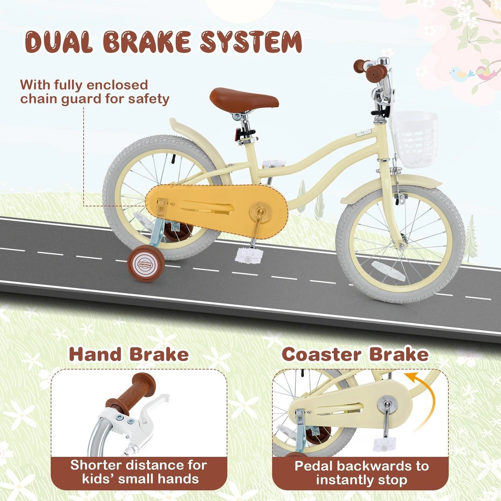 SUGIFT Beige Training Wheels Removable Storage Basket and Adjustable Seat Kids Bike
