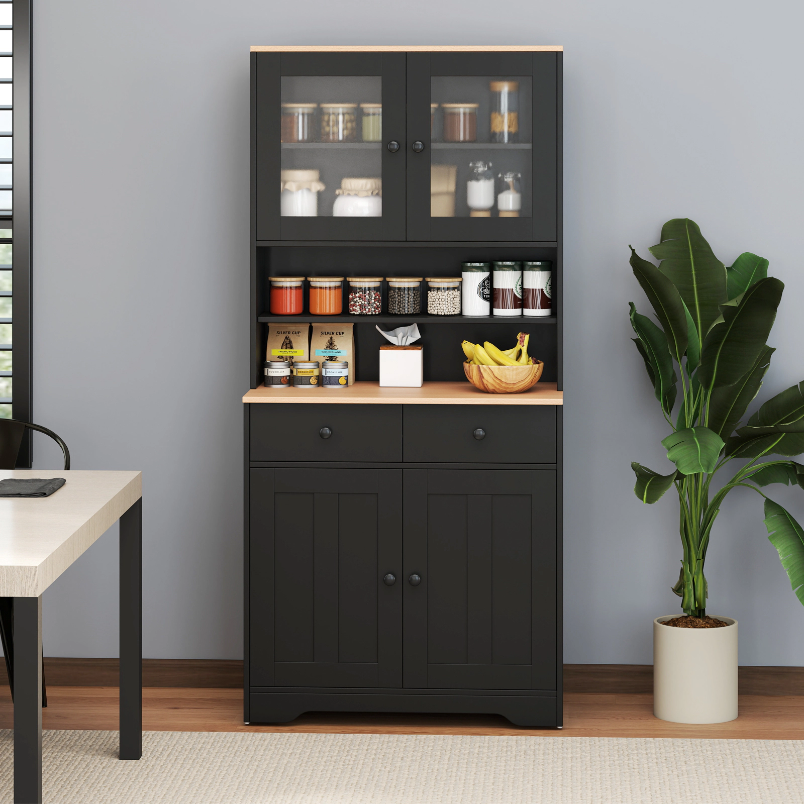 SUGIFT Pantry Storage Cabinet with 2 Shelves and Glass Doors 67-in Tall Sideboard with Drawers and Countertop Black
