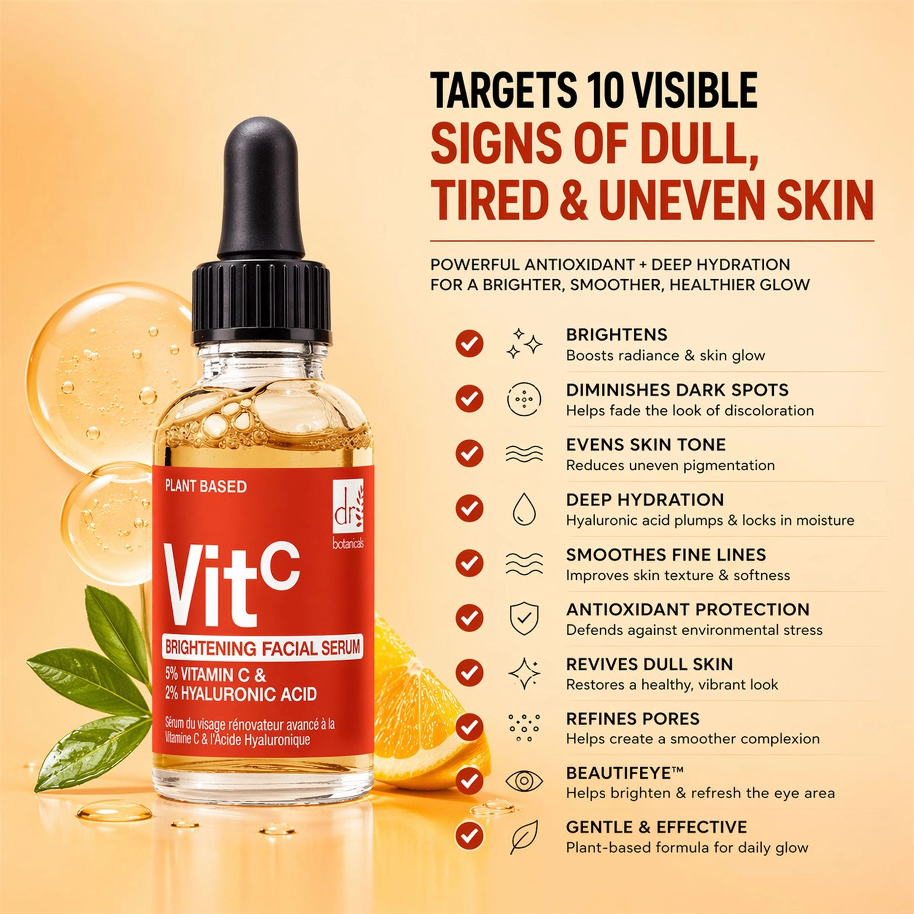 Dr. Botanicals Brightening Facial Serum 5% Vitamin C 2% Hyaluronic Acid 30ml