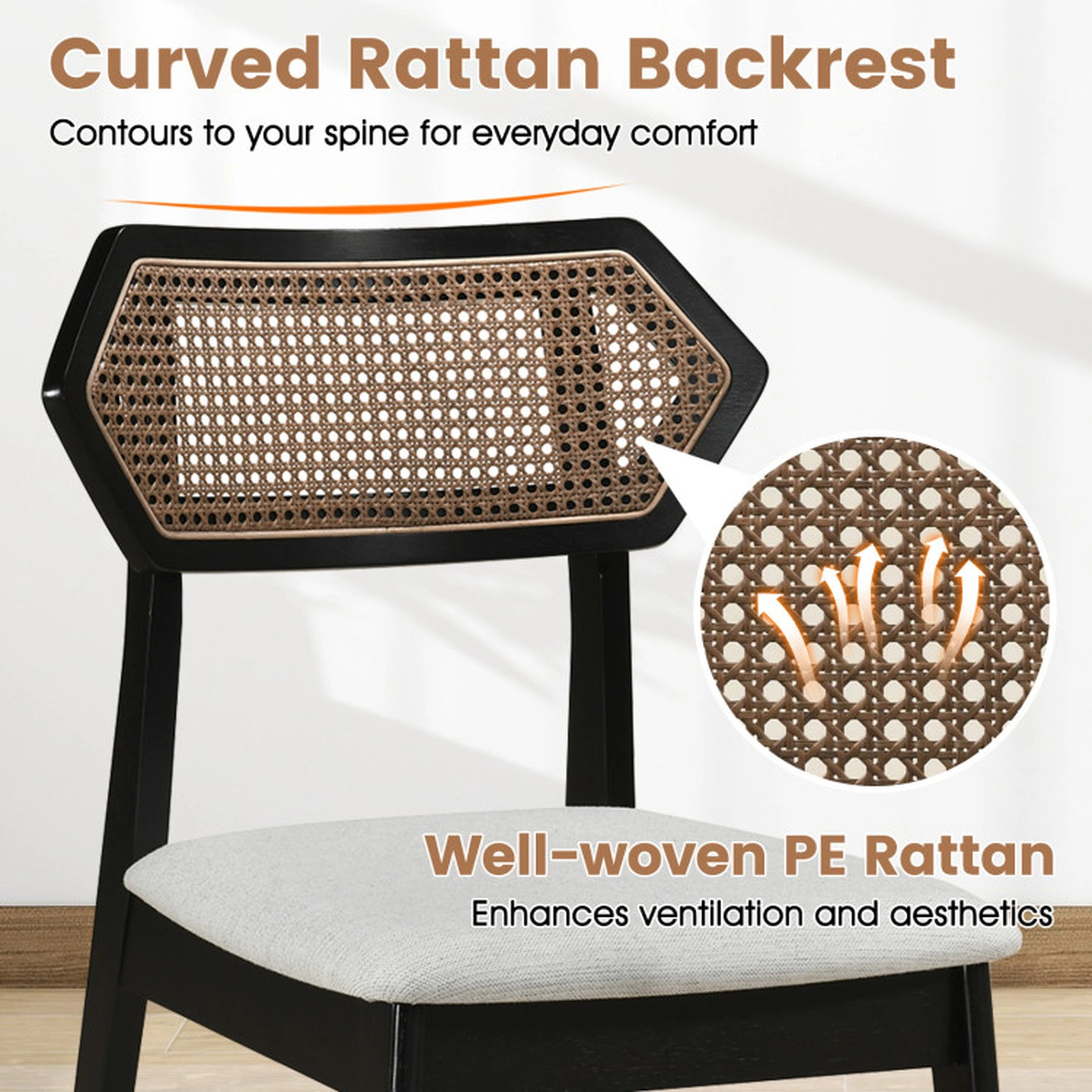 SUGIFT Black Mid Century Woven Rattan Back and Padded Fabric Seat Set of 4 Dining Chairs