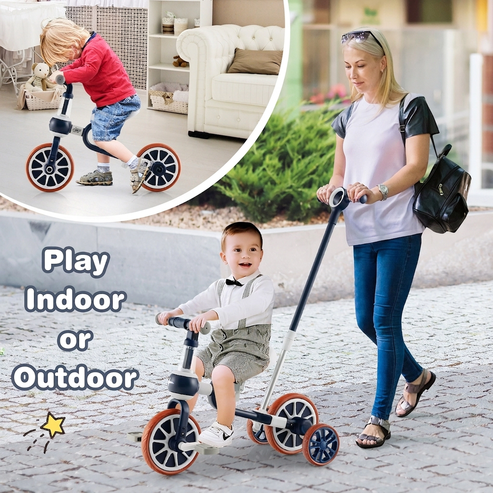 4-in-1 Kids Trike Adjustable Parent Push Handle Detachable Pedals Training Wheels Toddler Balance Bike Ages 2-4 Navy