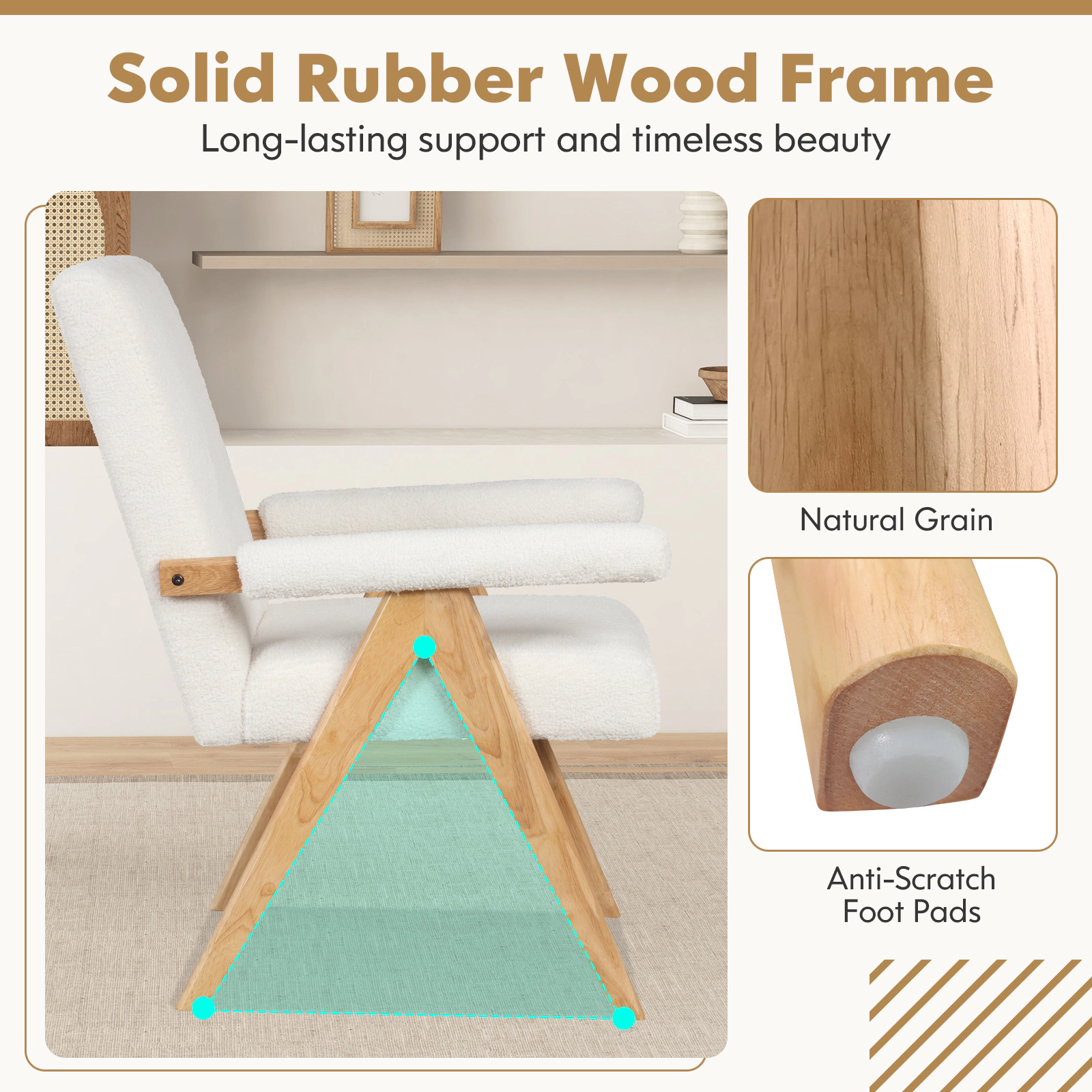 SUGIFT Mid Century Modern Rubber Wood Accent Chair with Sherpa Fabric 26-in Wide Seat 350-lb Capacity Beige and Natural