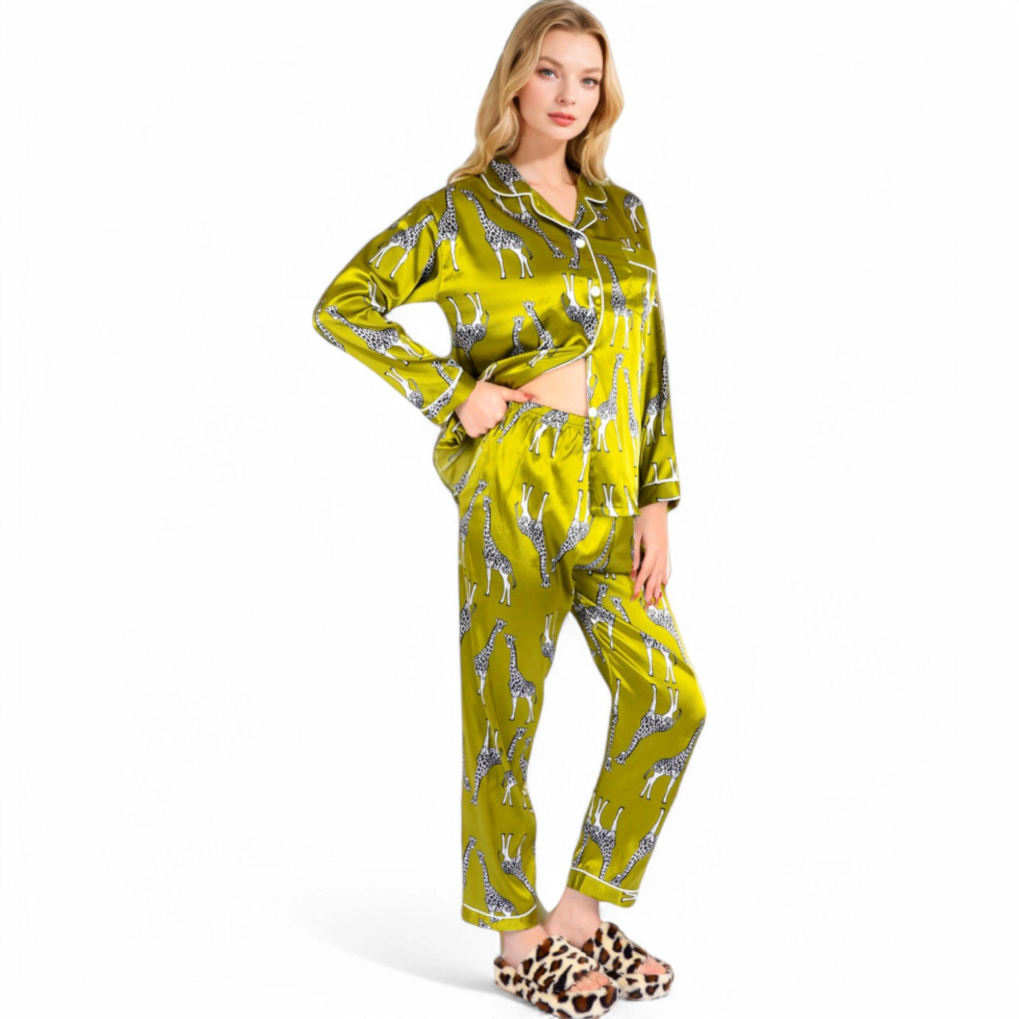 Anna-Kaci Women's Satin Pajama Set with Giraffe Print and Button Down Top