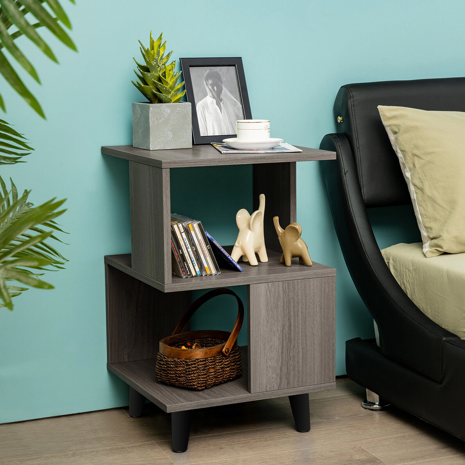 SUGIFT Asymmetrical Storage 2-Piece Modern Nightstand Set with Legs 33-lb Capacity 16 x 16 x 25 in Gray