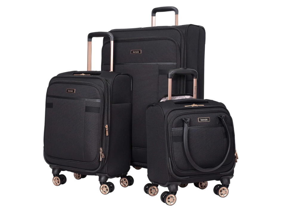 Kensie Hudson Unisex Softside Spinner Luggage, Black with Rose Gold, 3-Piece Set (16/20/28)
