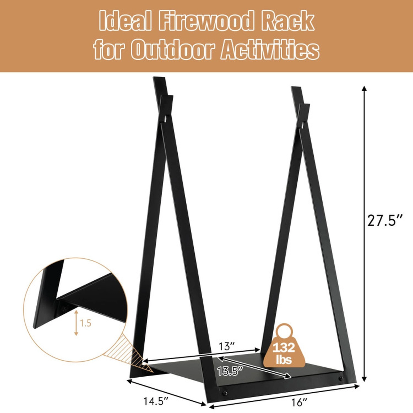 SUGIFT Black 132-lb Capacity Triangle Steel Firewood Rack Outdoor with Raised Solid Base and Square Tube Frame