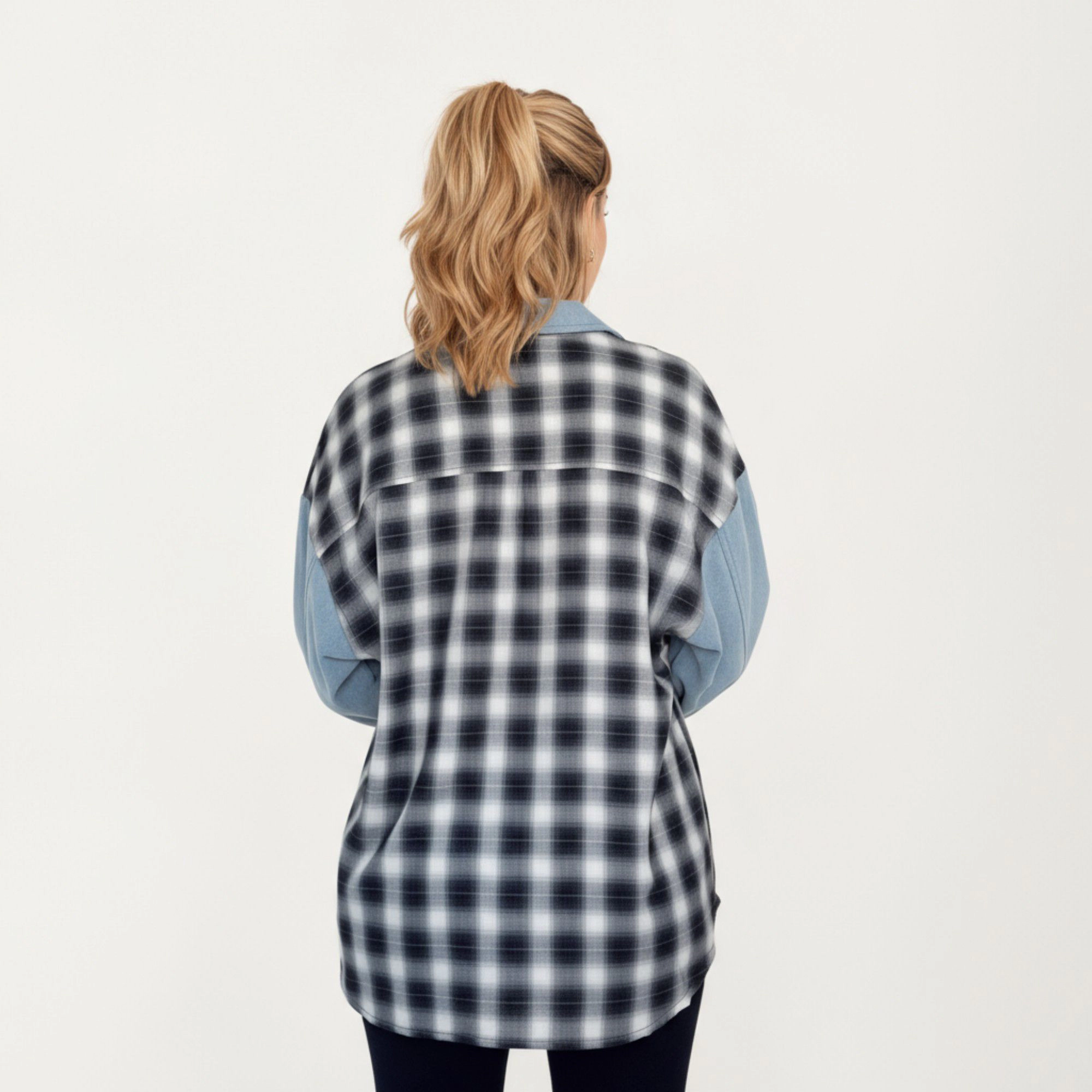Anna-Kaci Women's Denim and Plaid Contrast Shacket