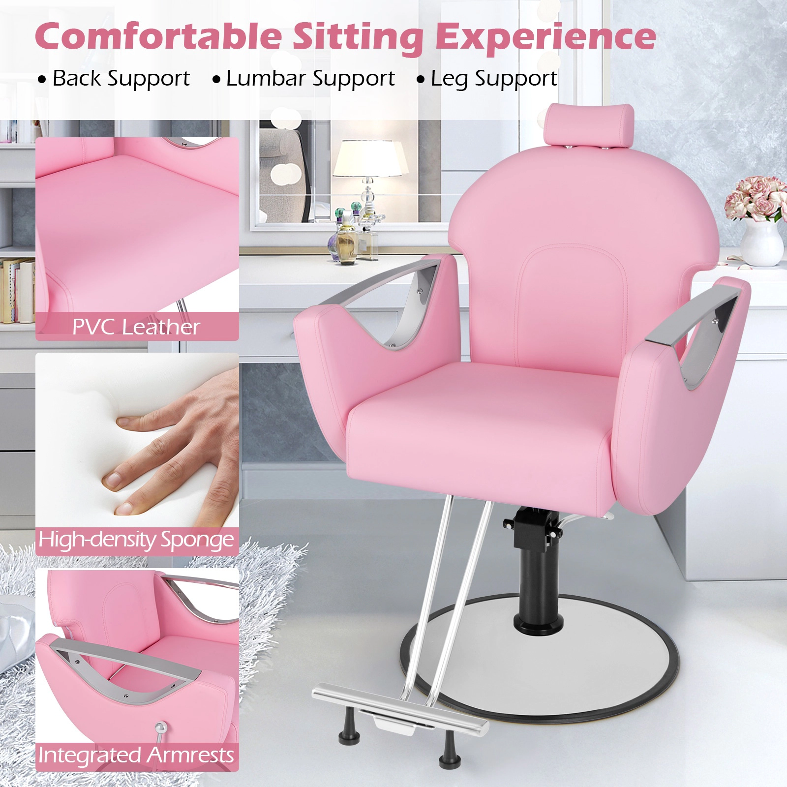 SUGIFT Pink Reclining Salon Chair with Detachable Headrest and Armrests 26-in W 37.5-in D 330-lb Chair Capacity