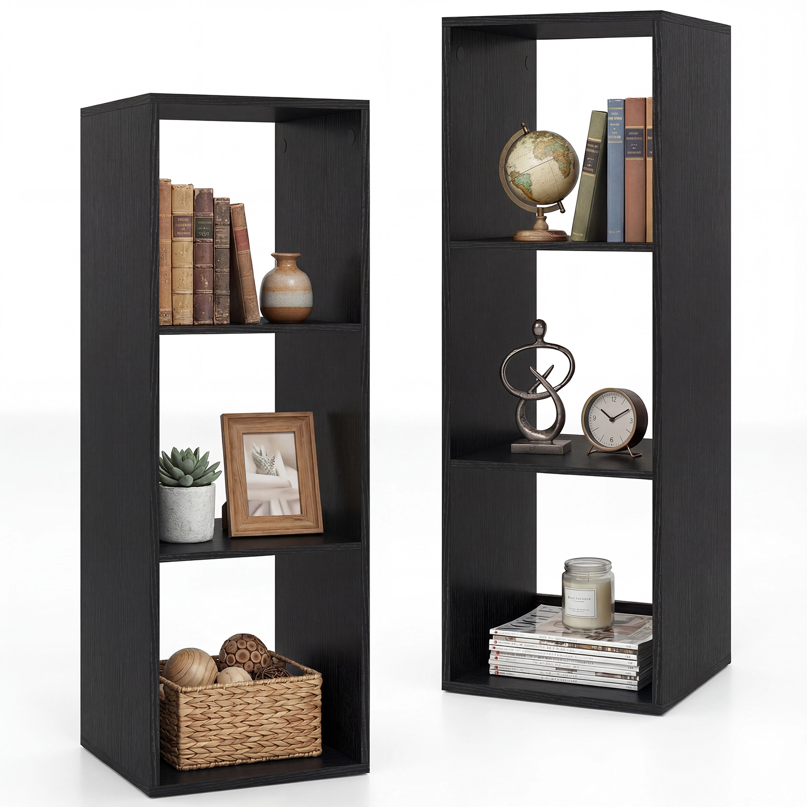 Costway 3-Cube Open Back Bookcase Set of 2 w/ Anti-tip Kit Modern Style Organizer Black