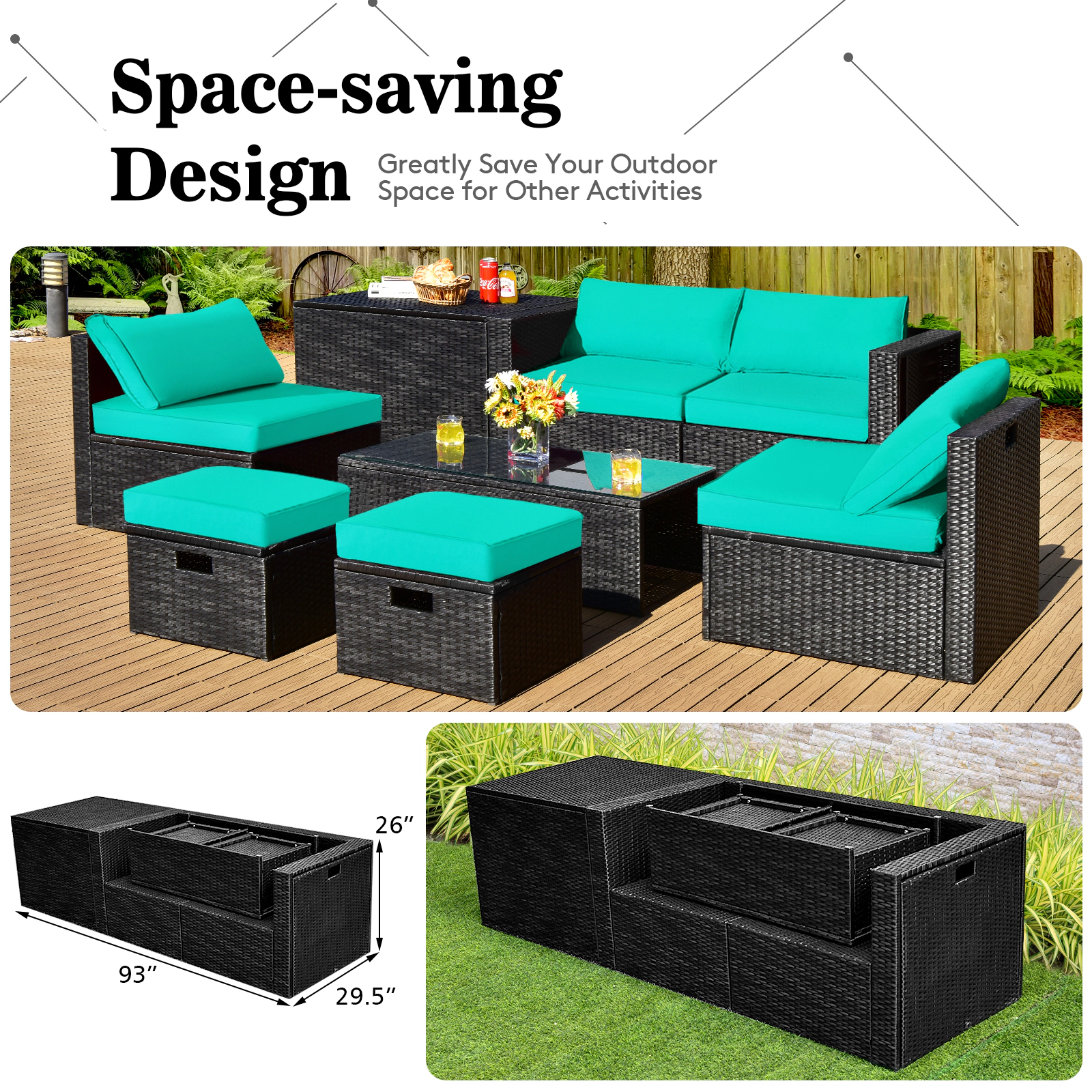 SUGIFT Storage Box and Glass Coffee Table 8-Piece Turquoise Patio Rattan Modular Set