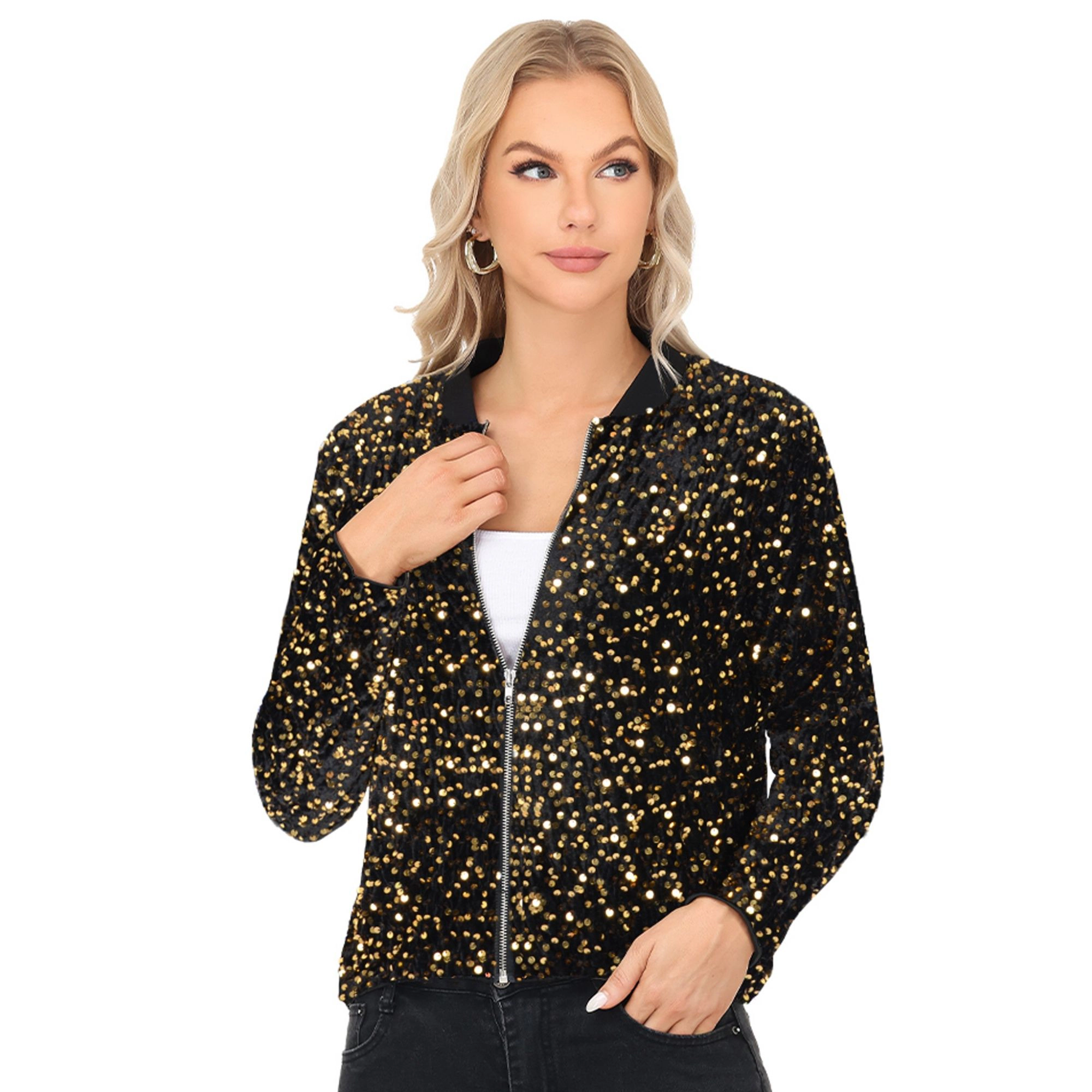 Anna-Kaci Women's Sequin Bomber Jacket with Front Zipper Closure and Ribbed Trim