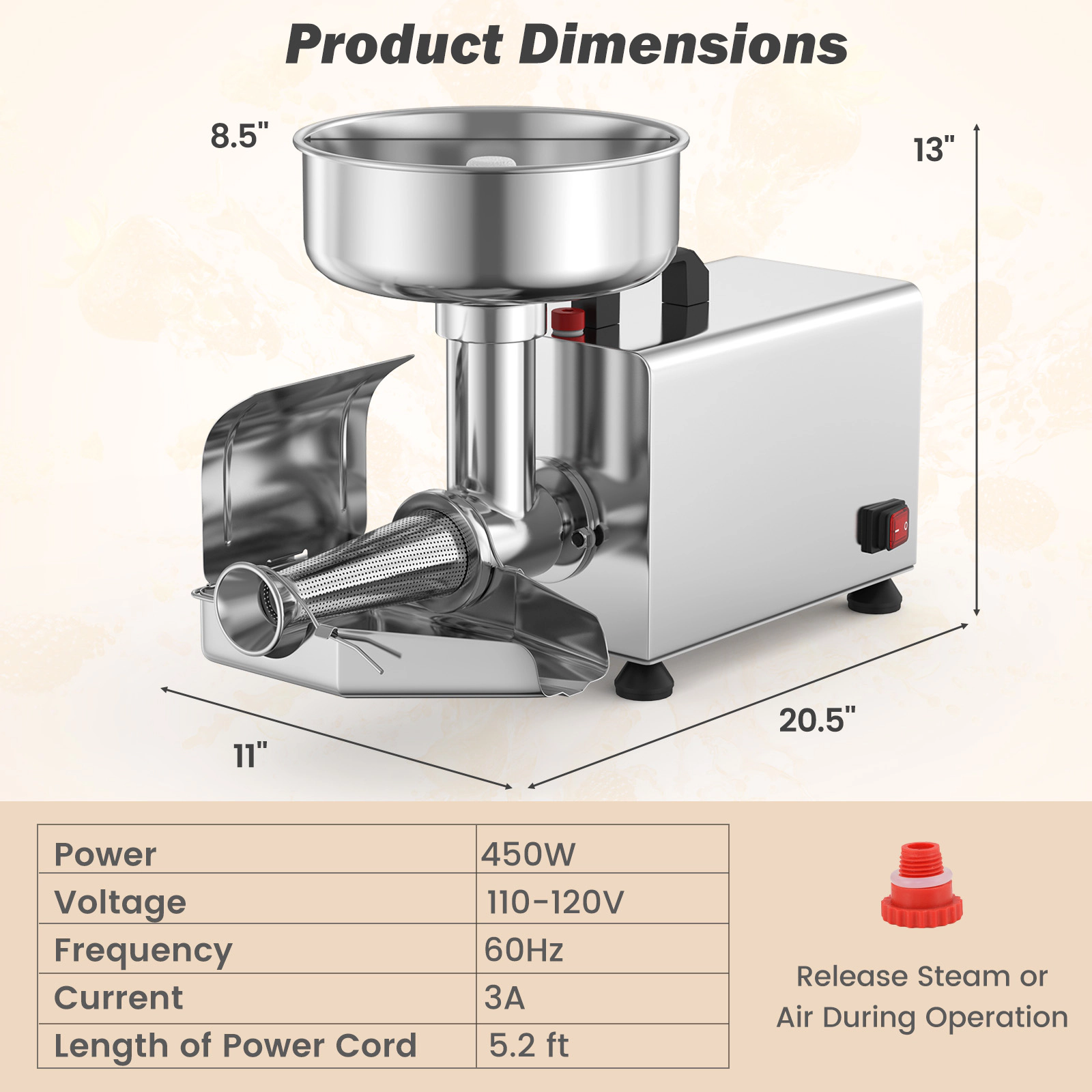 SUGIFT Silver 450W Electric Food Mill Tomato Strainer Stainless Steel Sauce Maker with 8.5-in Feed Chute