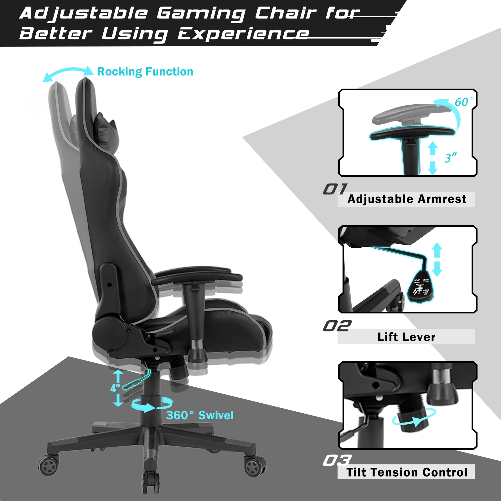 SUGIFT Reclining Swivel Massage Gaming Chair Gray with Lumbar Support and Faux Leather