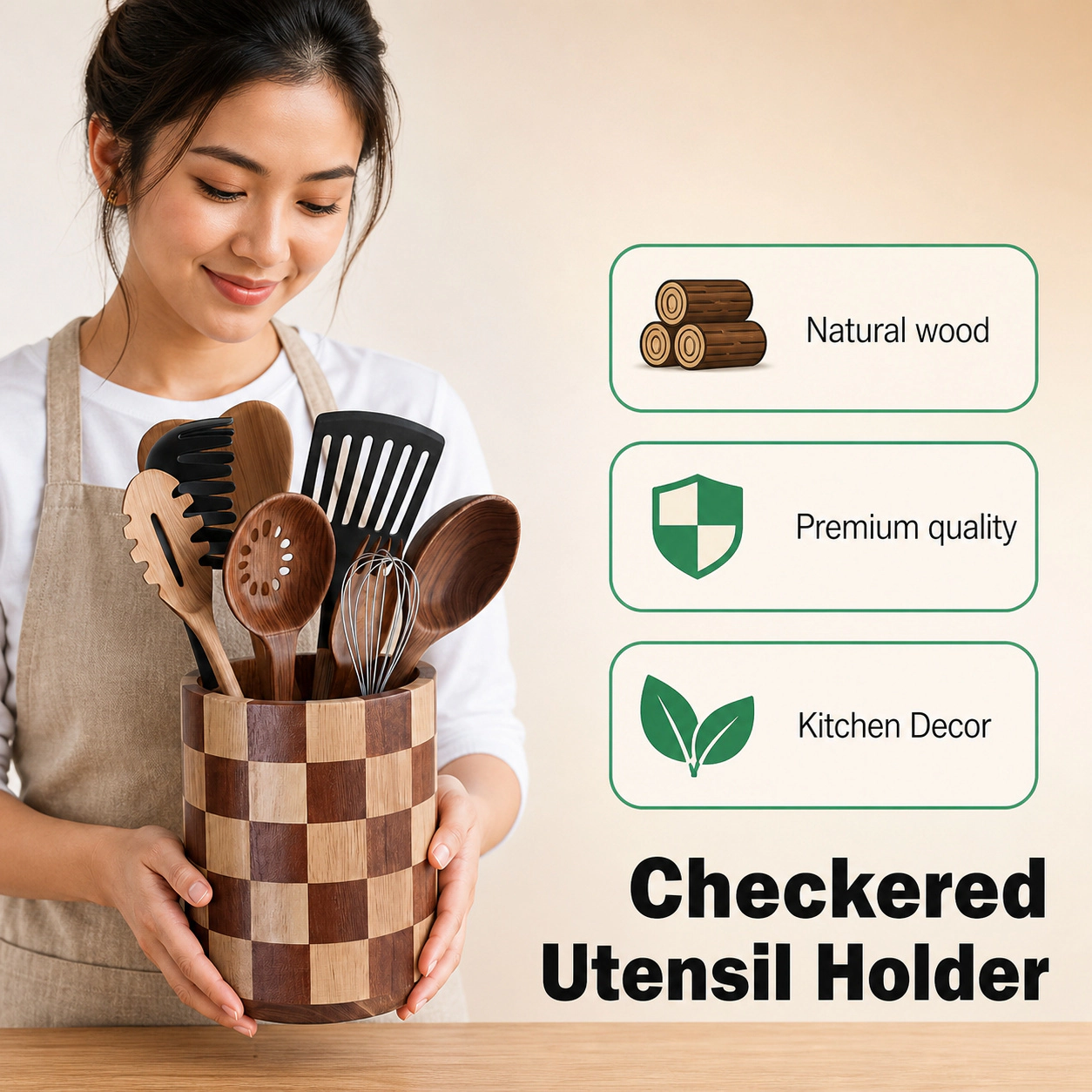 WZK 360 Rotating Wooden 15 Pcs Kitchen Utensil Holder