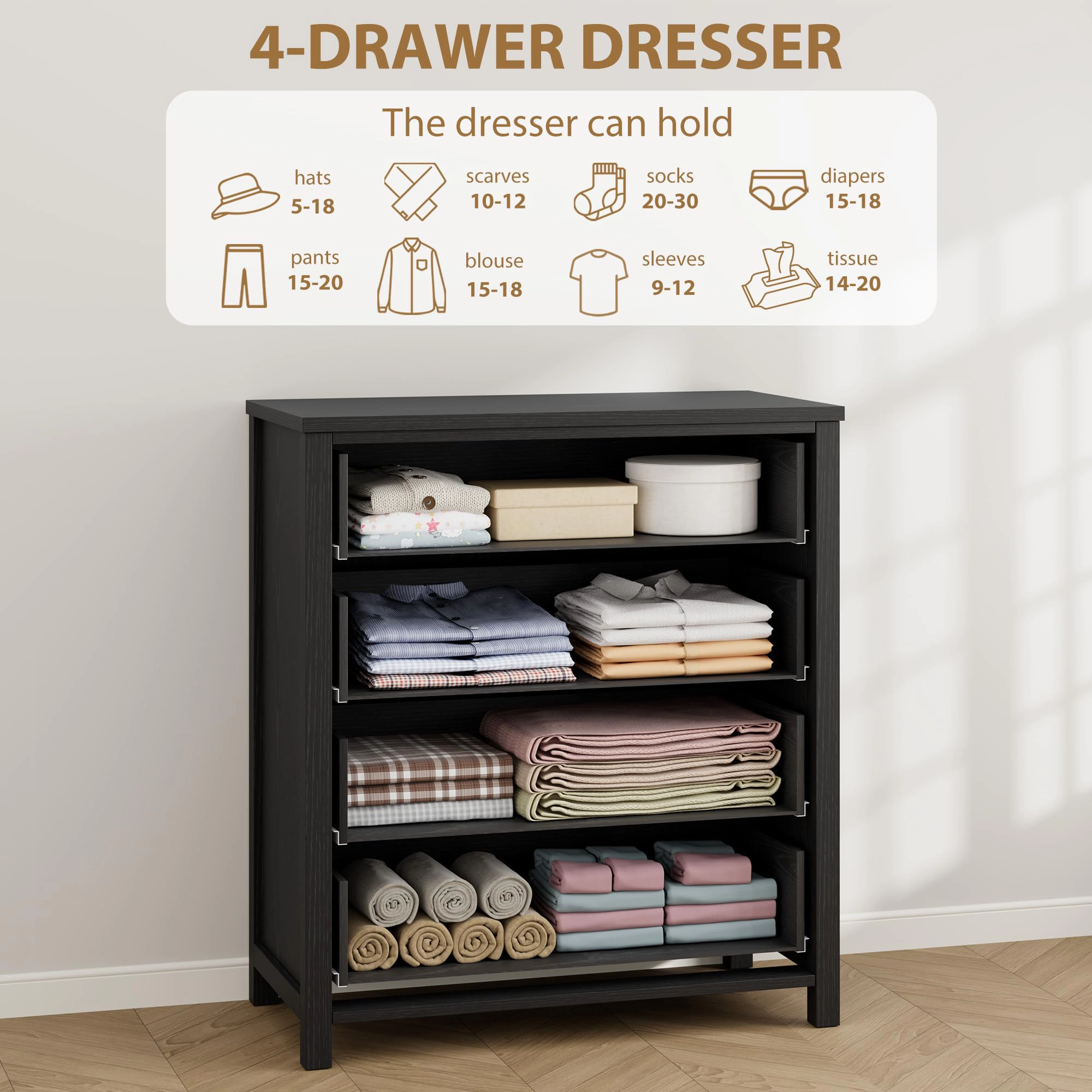 4 Drawer Modern Dresser, 37" Tall Wooden Storage Chest Nightstand for Bedroom Nursery Hallway