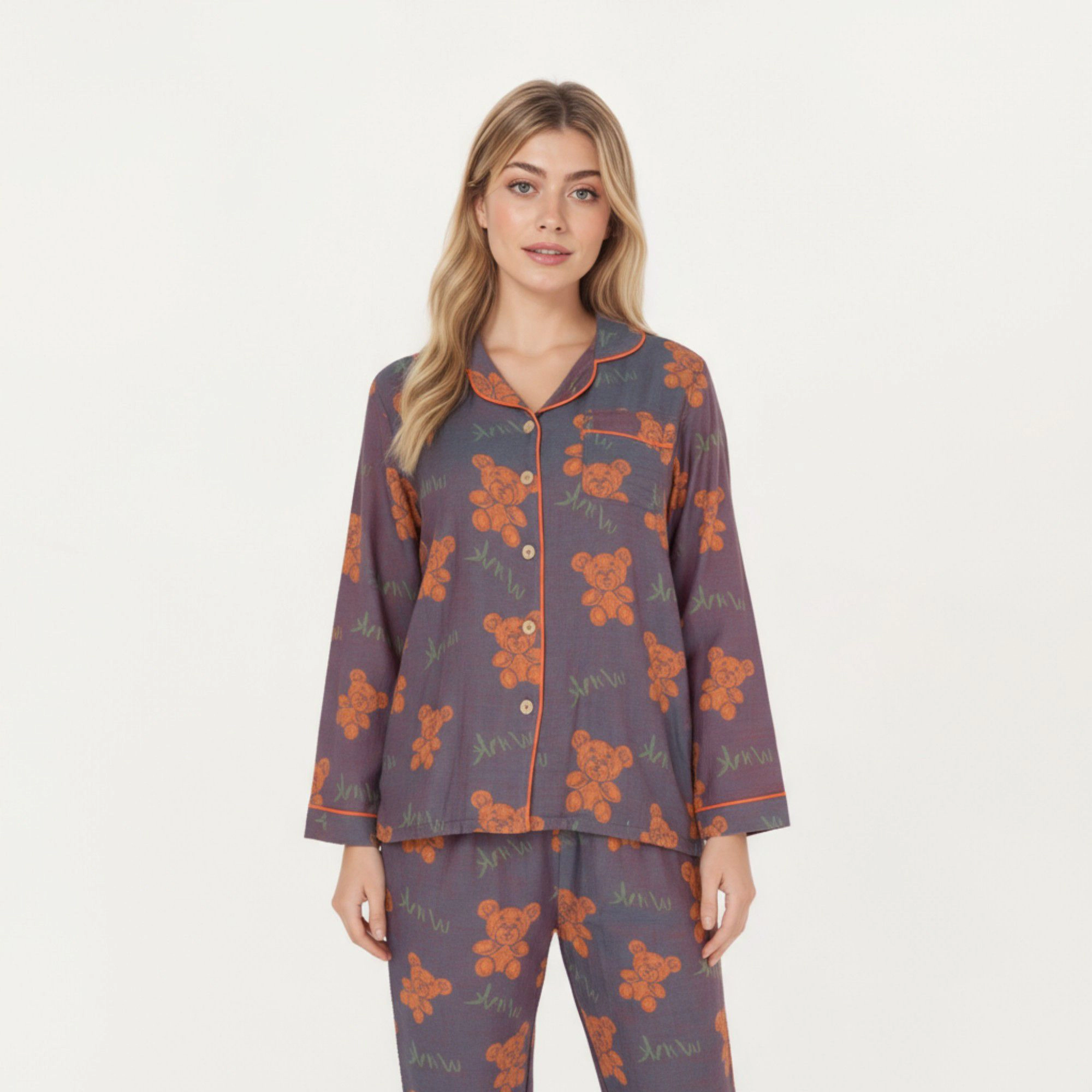 Anna-Kaci Women's 2-Piece Teddy Bear Print Button Up Long Sleeve Pajama Top and Relaxed Fit Pants