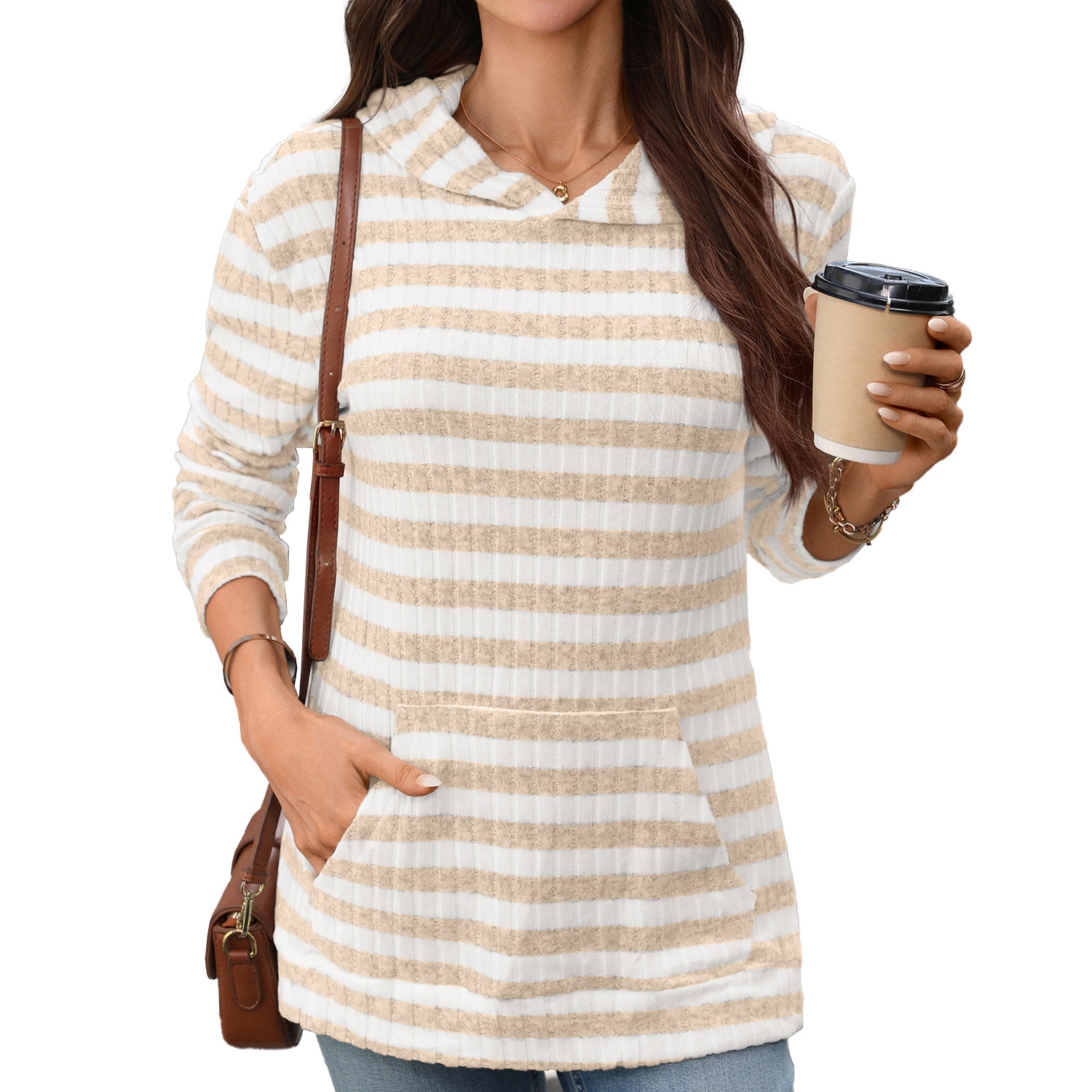 Enchanted Funland Womens Striped Ribbed Hoodie Long Sleeve Kangaroo Pocket Pullover Tops
