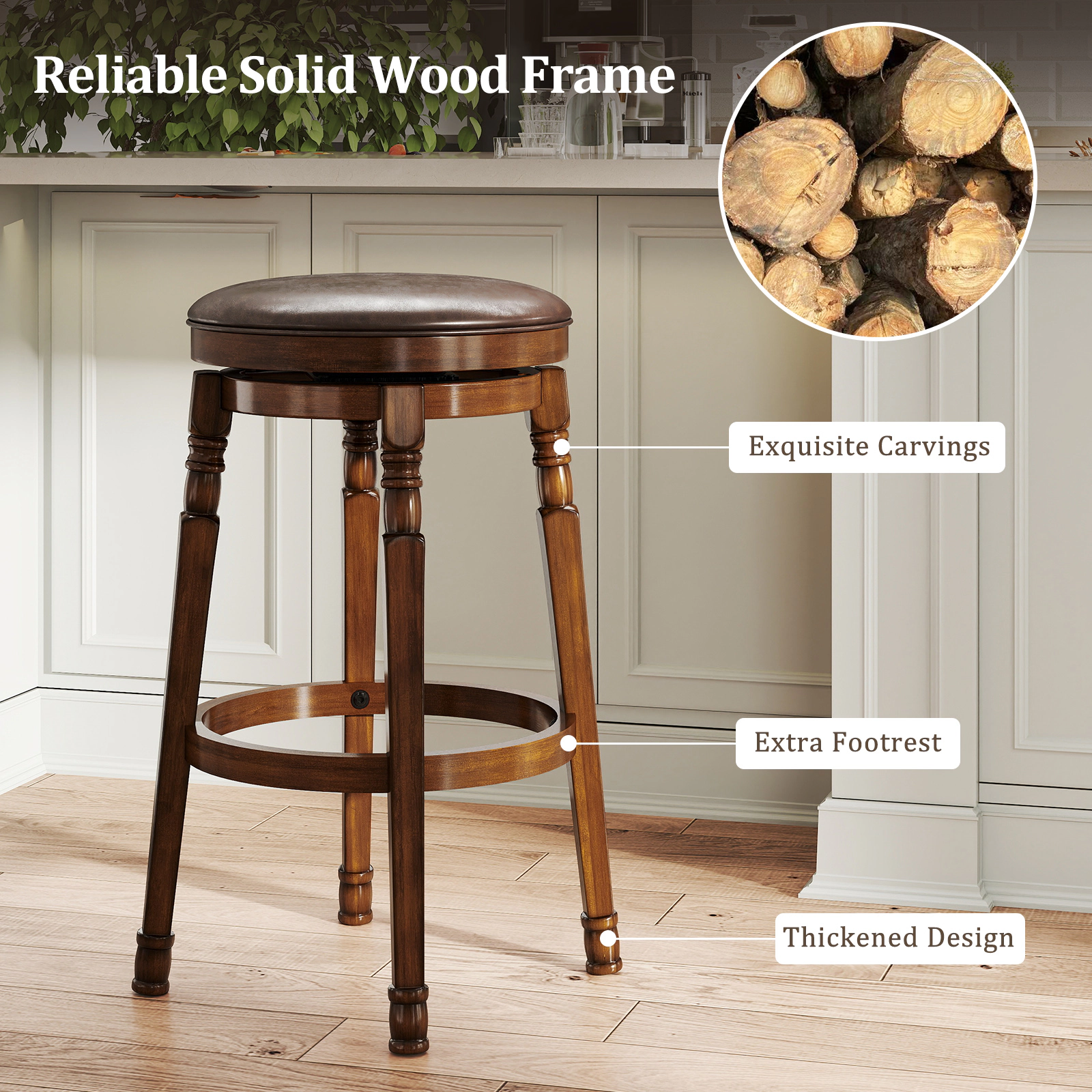 SUGIFT Set of 2 Walnut 29-in PU Leather Padded Swivel Bar Stools with Ultra-Wide Seat Base and Footrest