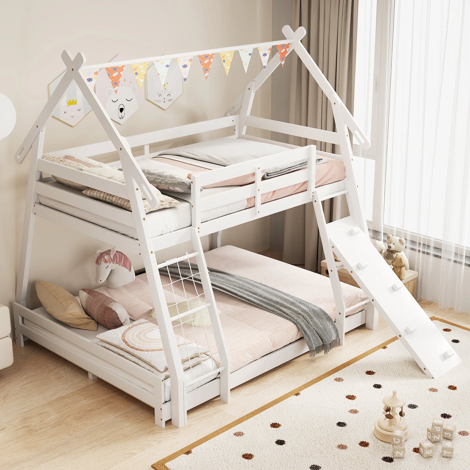 SUGIFT White Climbing Net Ramp and Guardrails Twin Over Queen Kids Bunk Bed