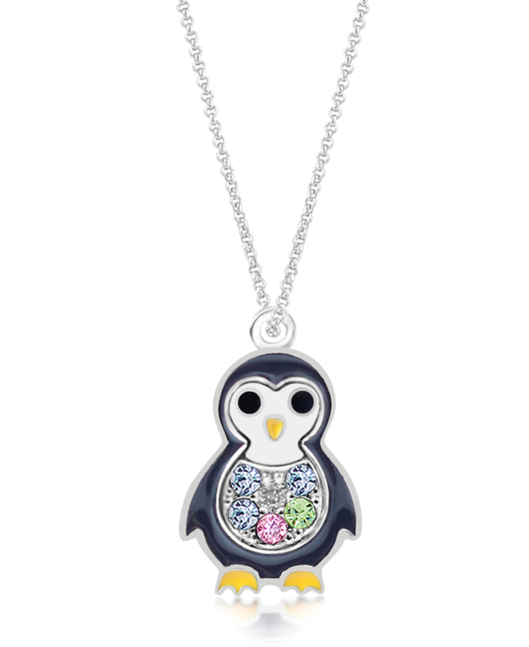 CHANTEUR Kids Silver Penguin Crystal Pendant Necklace - White Gold Palladium Plating, 6-inch