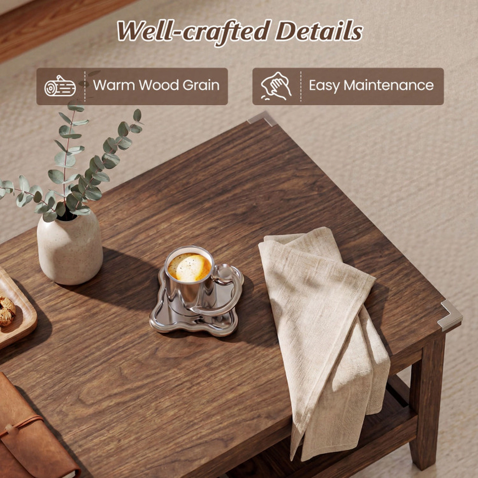 SUGIFT Farmhouse Rustic Coffee Table with Thickened Tabletop 110-lb Tabletop Capacity 22-lb Shelf Capacity Walnut/Blue