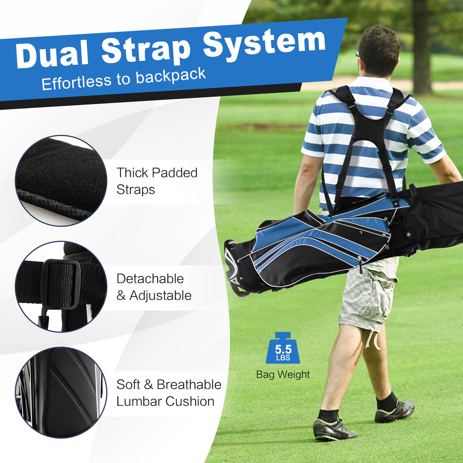 SUGIFT Ergonomic 6-Way Divider Golf Stand Cart Bag with Automatic Stand Carry Pockets Blue
