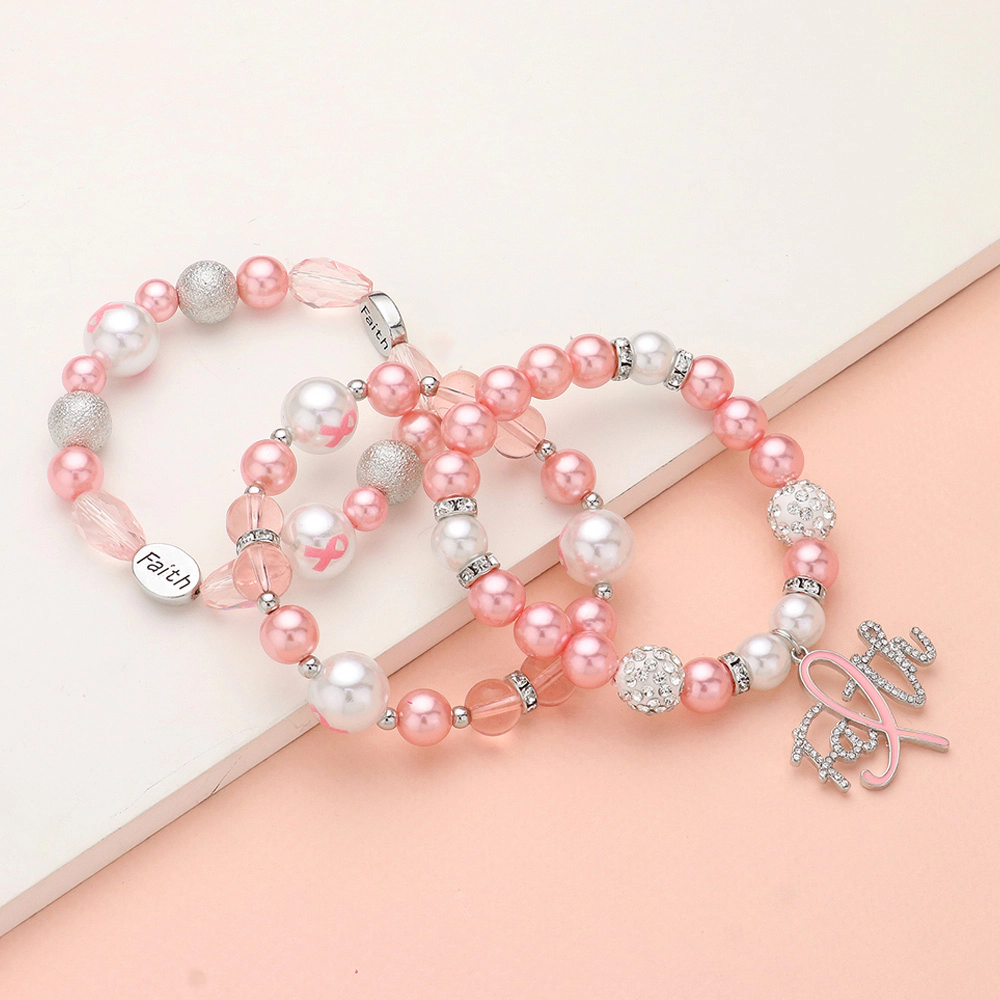 FASHNZFAB 3PCS - FAITH Message Charm Shamballa Ball Pointed Pearl Beaded Stretch Multi Layered Bracelets