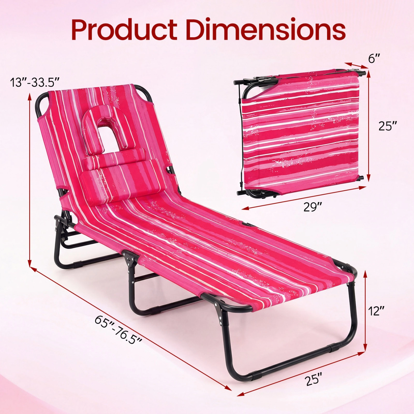 SUGIFT Folding Face Down Tanning Chair Face Hole & 3 Removable Pillows 330-lb Capacity Adjustable Backrest Pink Stripe