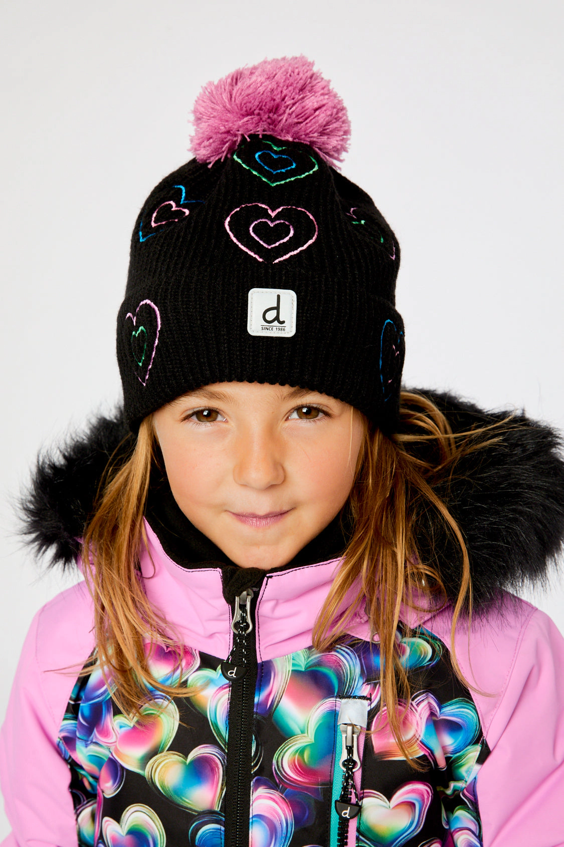 Deux par Girls Embroidered Hearts Winter Knit Hat with Pompom