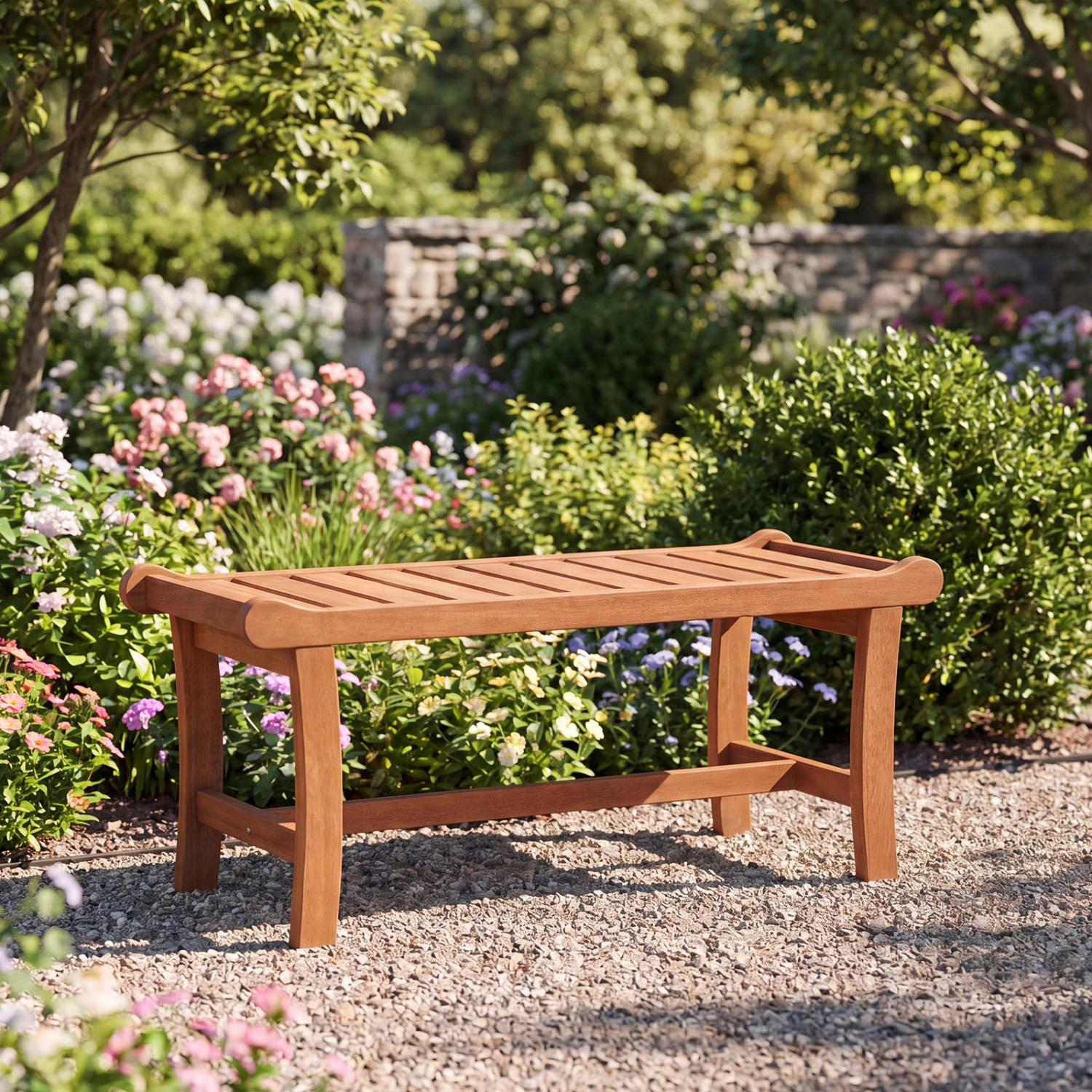 LJG 2-Person Outdoor Wood Bench with Slatted Seat and Raised Edges