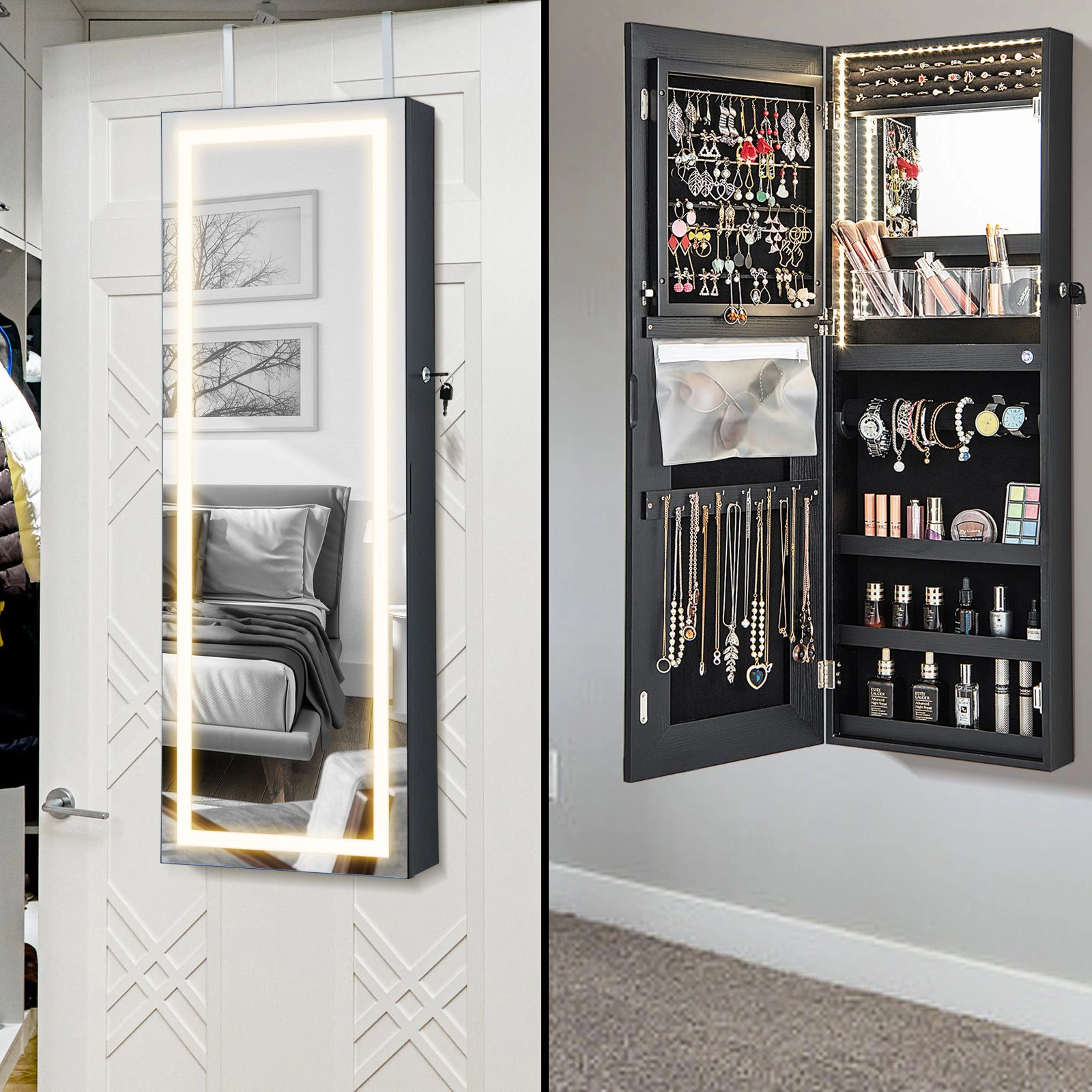 SlickBlue Women Lockable Jewelry Mirror Cabinet with LED Lights
