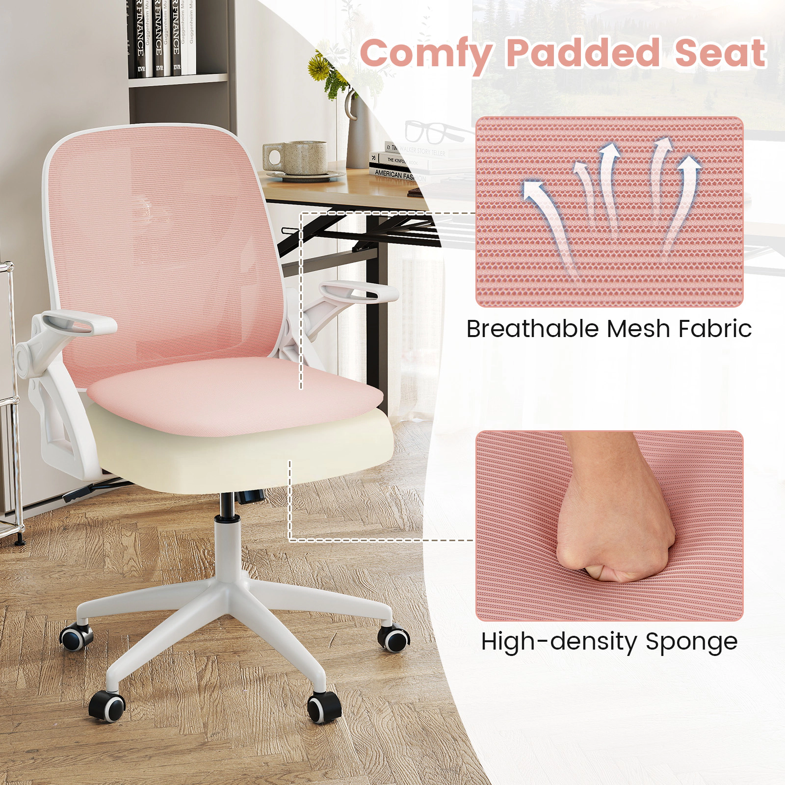 SUGIFT 330-lb Capacity Pink and White Mesh Computer Desk Chair with Built-In Lumbar Support and Flip-Up Arms