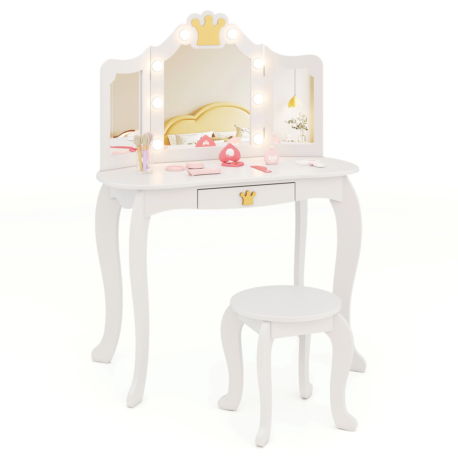SUGIFT White Tri-Fold Lighted Mirror Detachable Top and Stool Kids Vanity Set