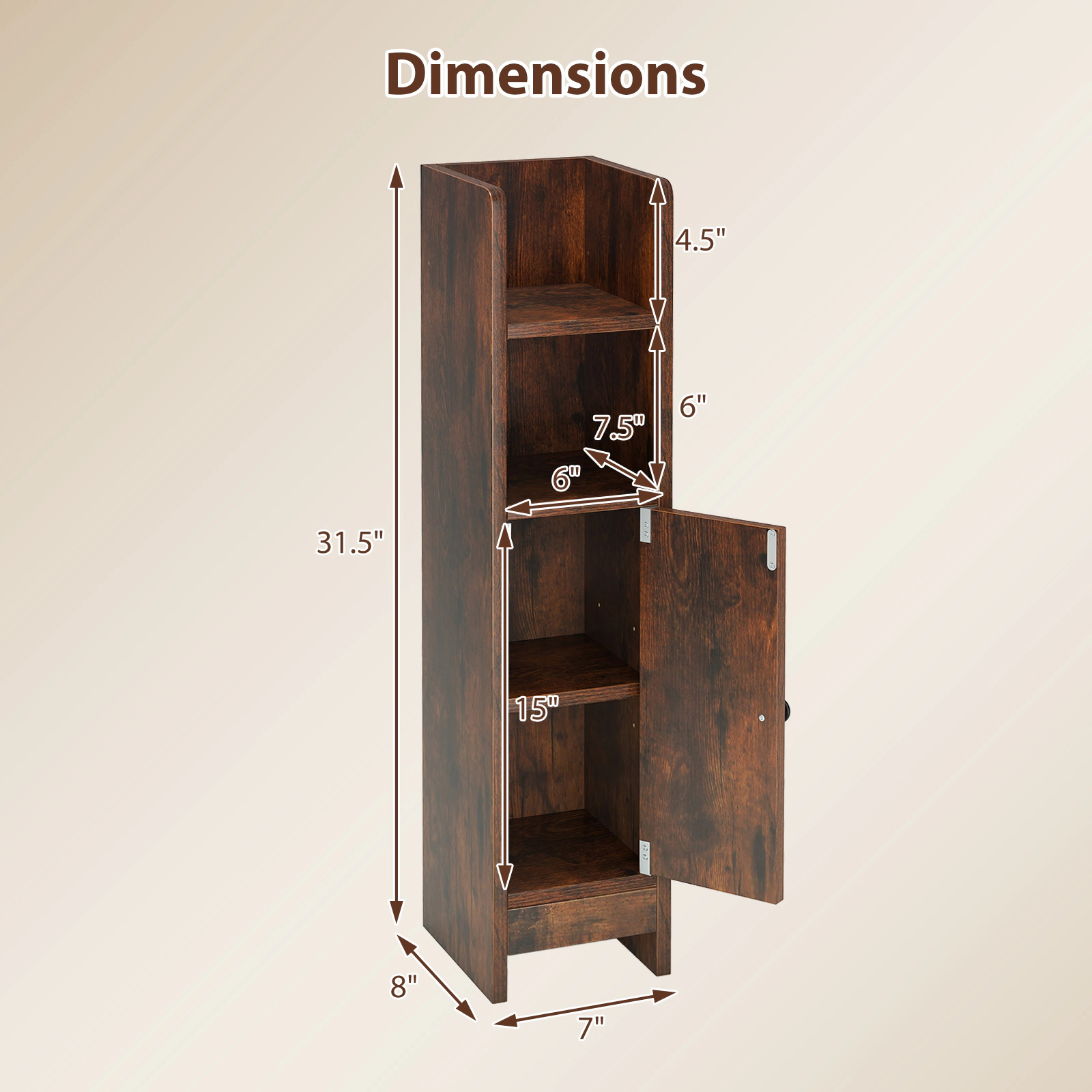 SUGIFT Slim Corner Bathroom Floor Cabinet with Door and Adjustable Shelf 31.5-in Tall 44-lb Capacity Rustic Brown