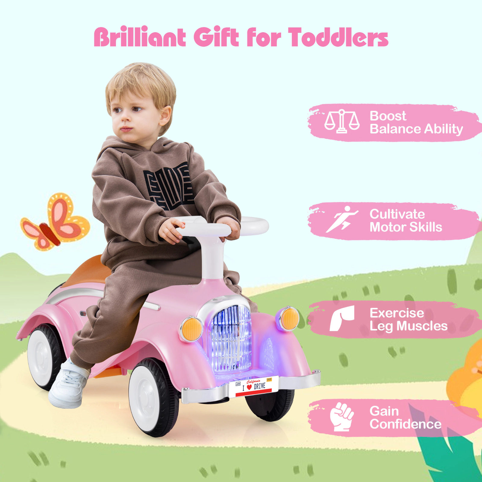 Baby Push Car Toddler Sliding Ride On Toy LED Headlight Horn Button Curved Seat Under-Seat Storage 19-36 Months Pink
