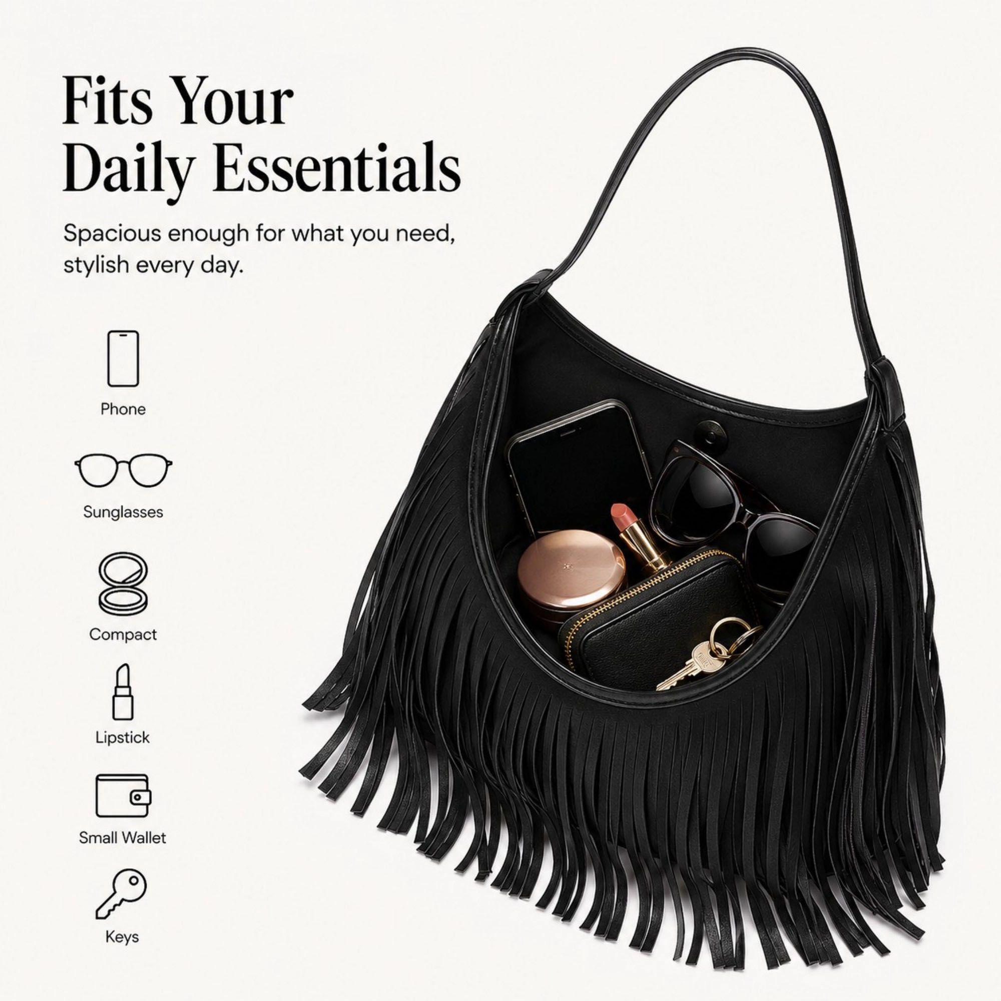 Alilang Women's Fringe Shoulder Bag Beige Suede Look Boho Hobo Purse with Long Strap