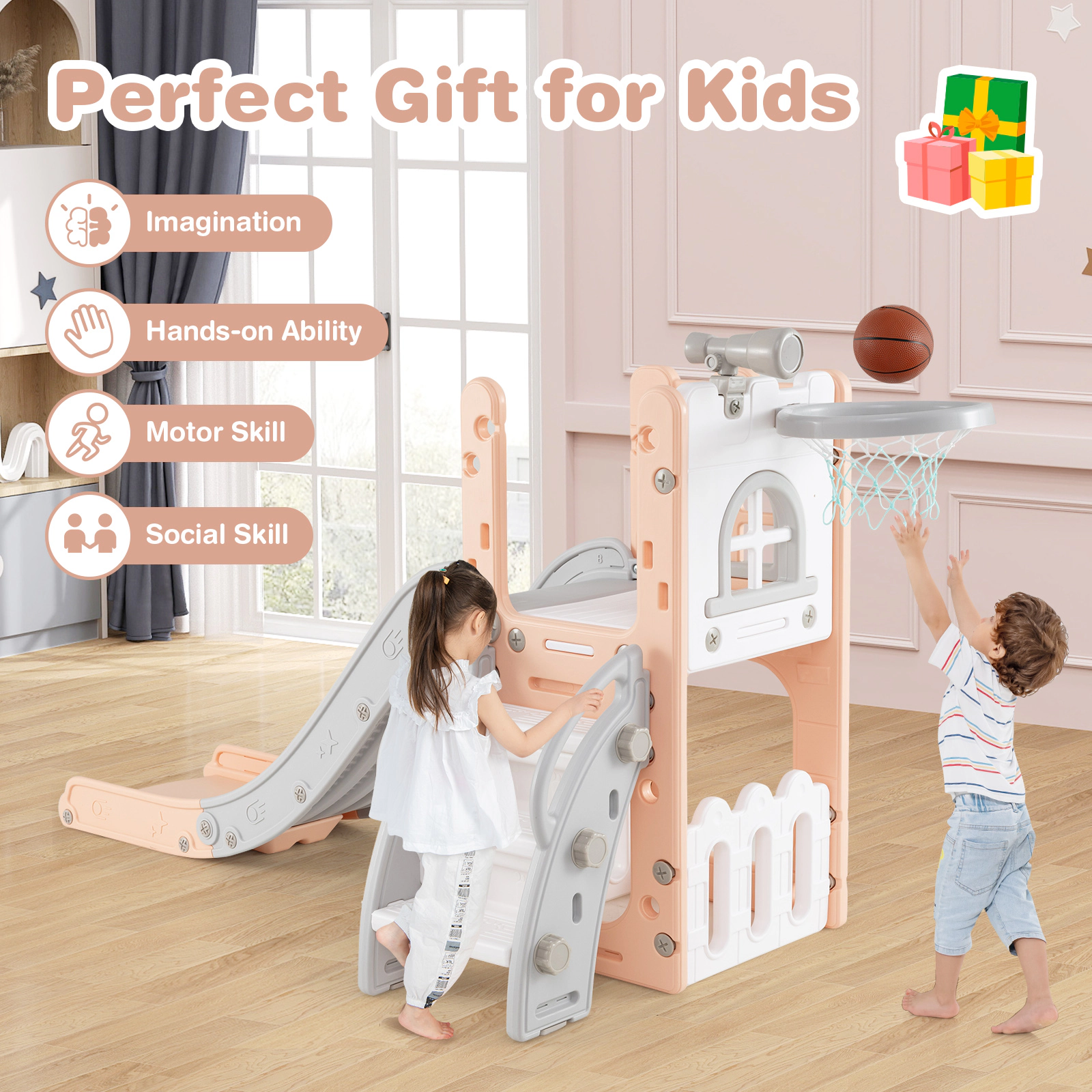 6-in-1 Kids Slide for Toddlers 1-3 L-Shaped Indoor Playground Climber 51-in Slide Basketball Hoop Ladder Pink