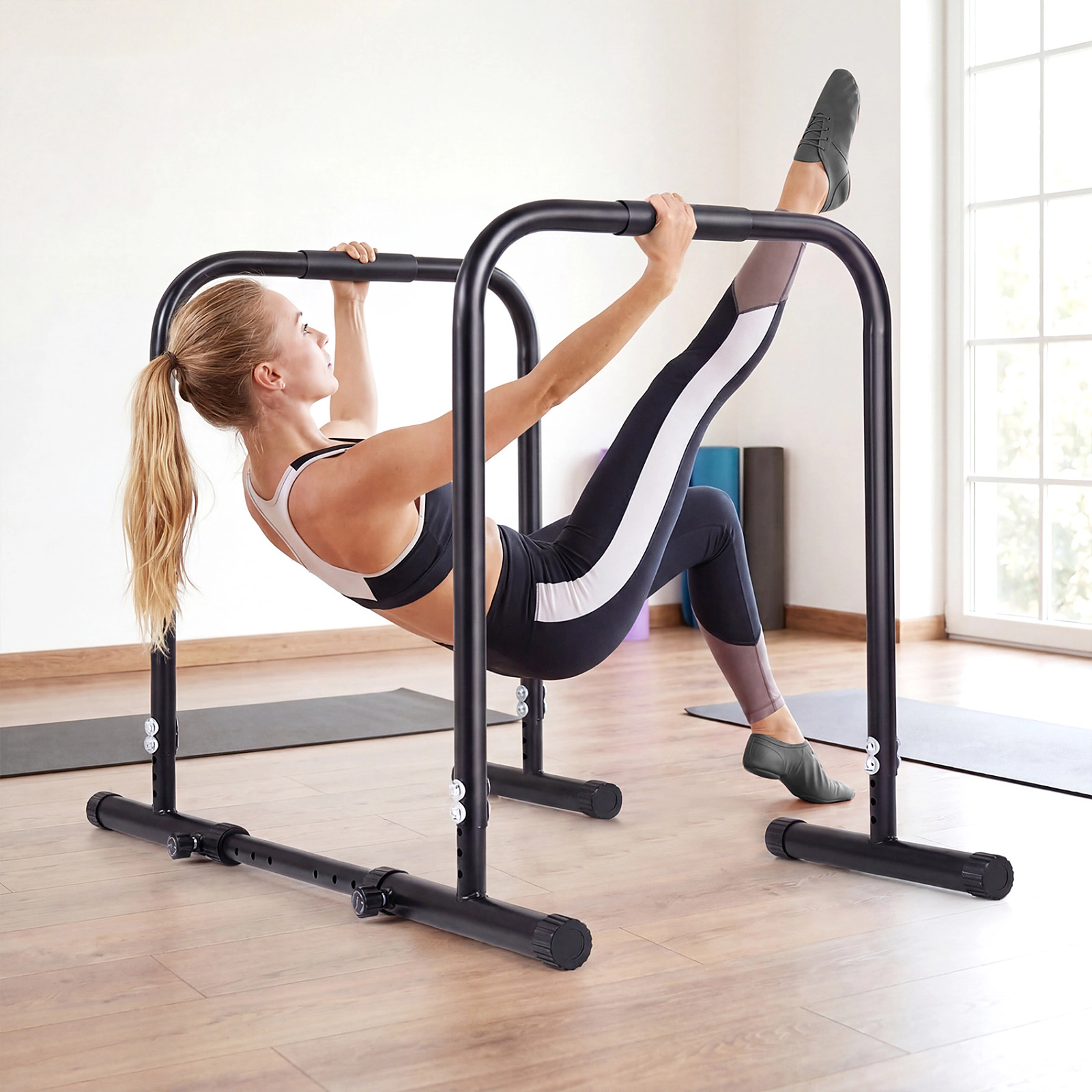 SUGIFT Black Adjustable Dip Bar Station with Foam Padded Handles 31.5-in W 34-in to 50-in D 330-lb User Capacity