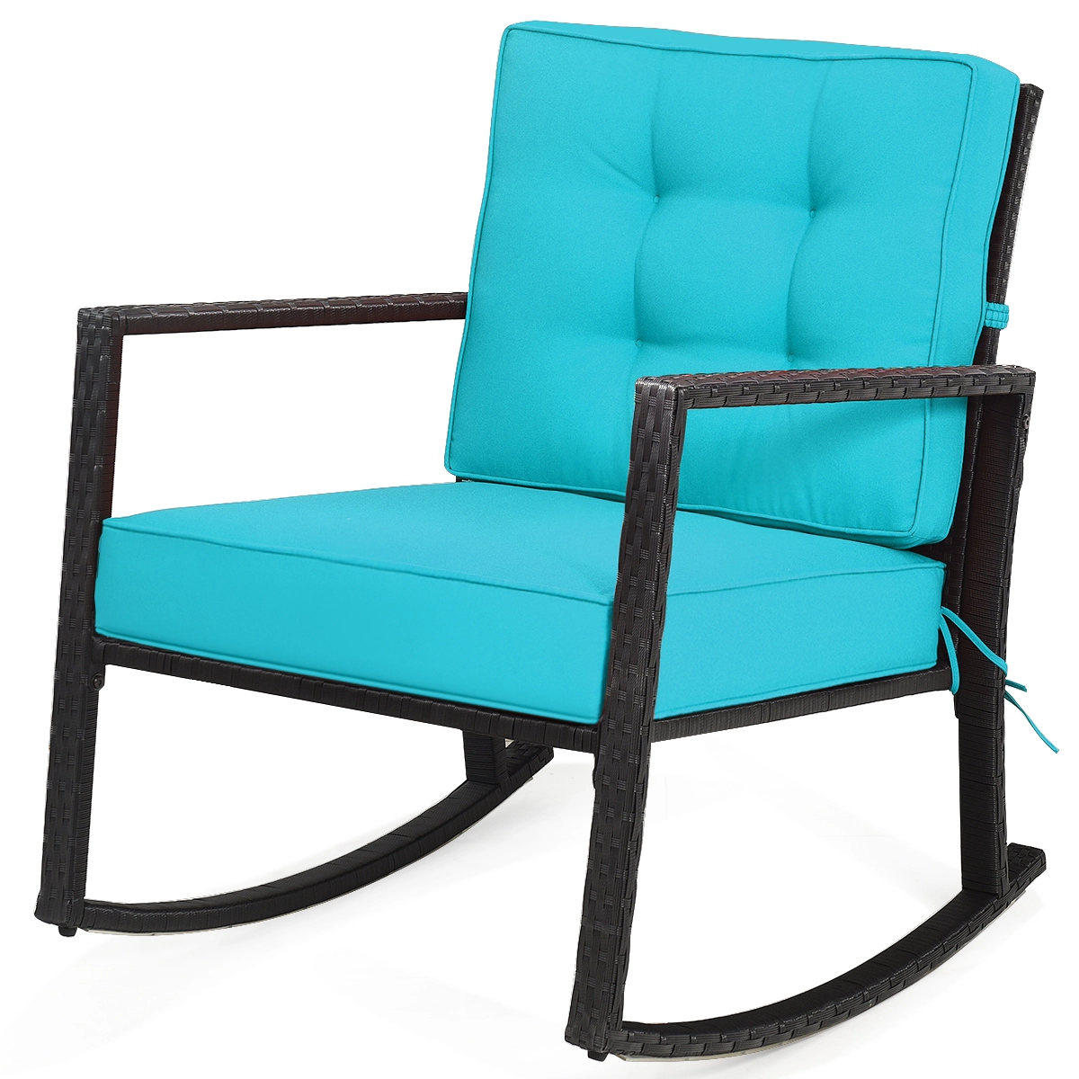 SUGIFT Turquoise Rattan Outdoor Rocking Chair, 360 lb Capacity, Iron Frame, 5 in Seat Cushion