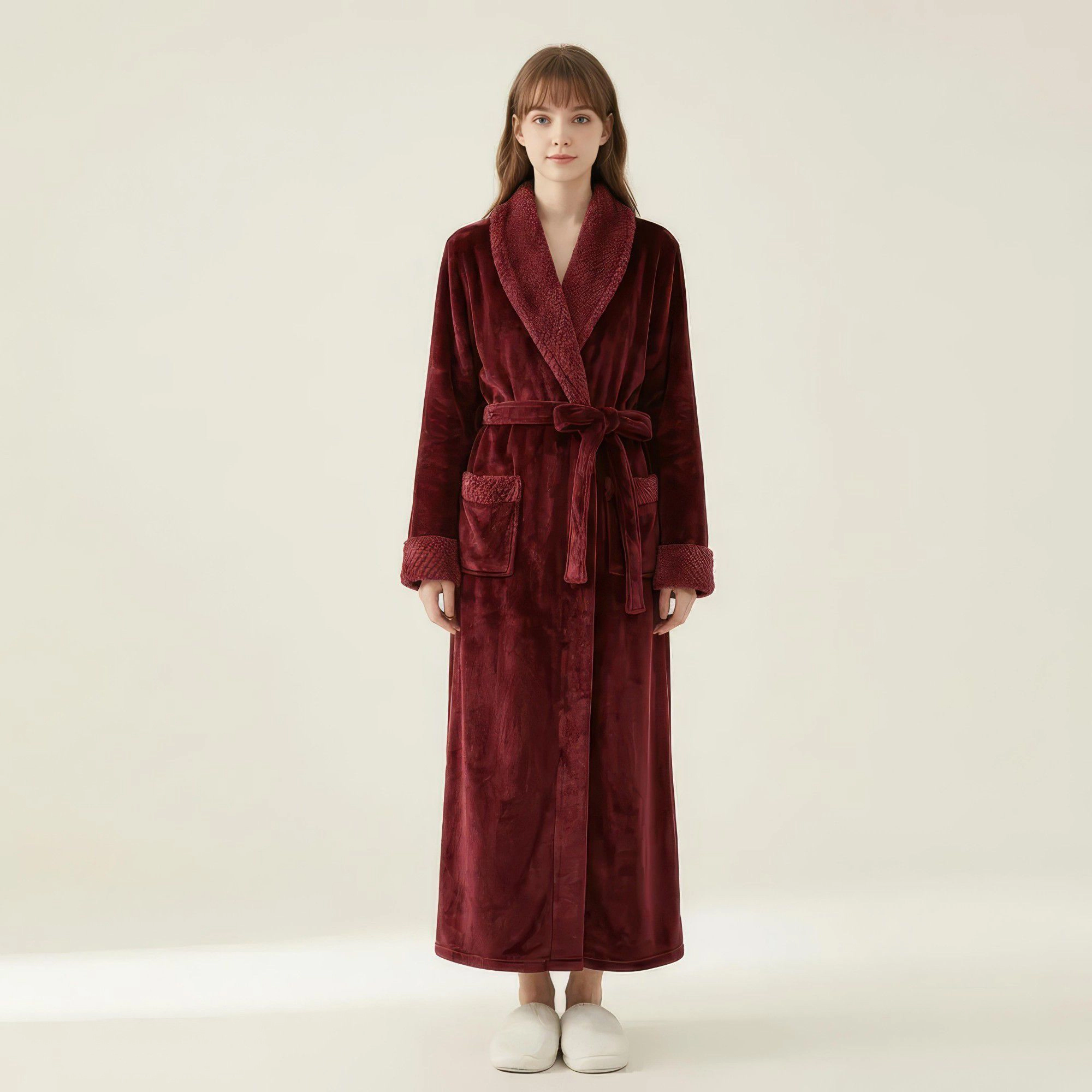 Anna-Kaci Women's Plush Long Robe with Textured Shawl Collar Tie Waist Belt Soft Warm Full Length Bathrobe