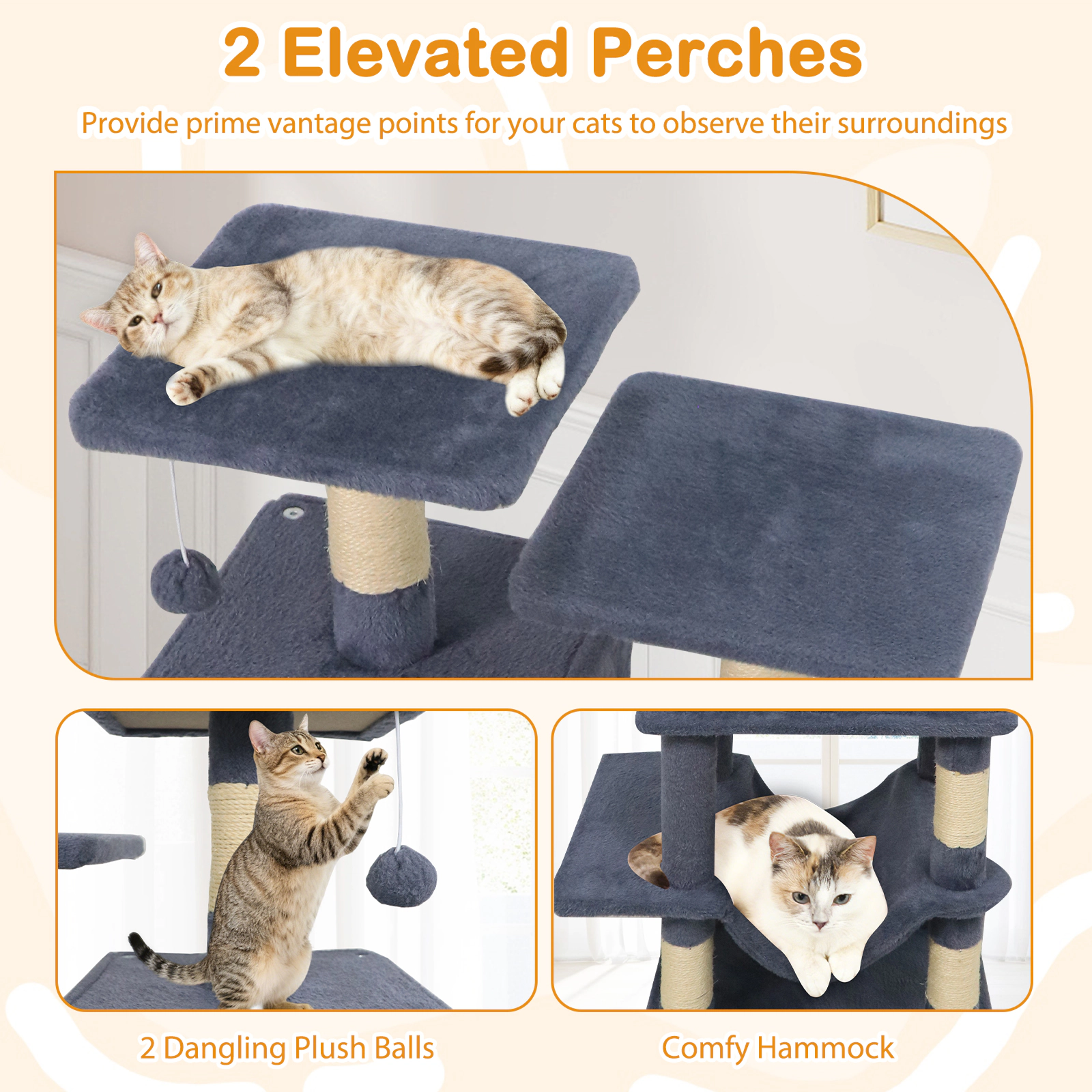 SUGIFT 57-in Gray Cat Tree Tower with Dual Condos Hammock 2 Perches Sisal Posts and Anti-Tipping Kit