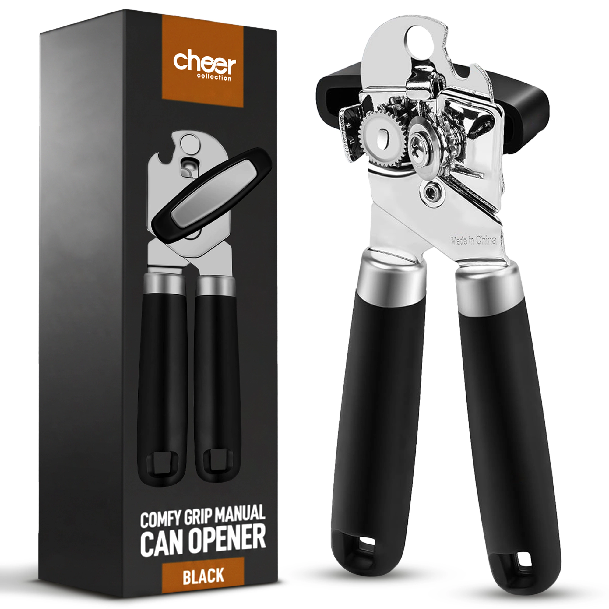 Cheer Collection Heavy-Duty Stainless Steel Can Opener with Soft Grip Handles and Bottle Opener