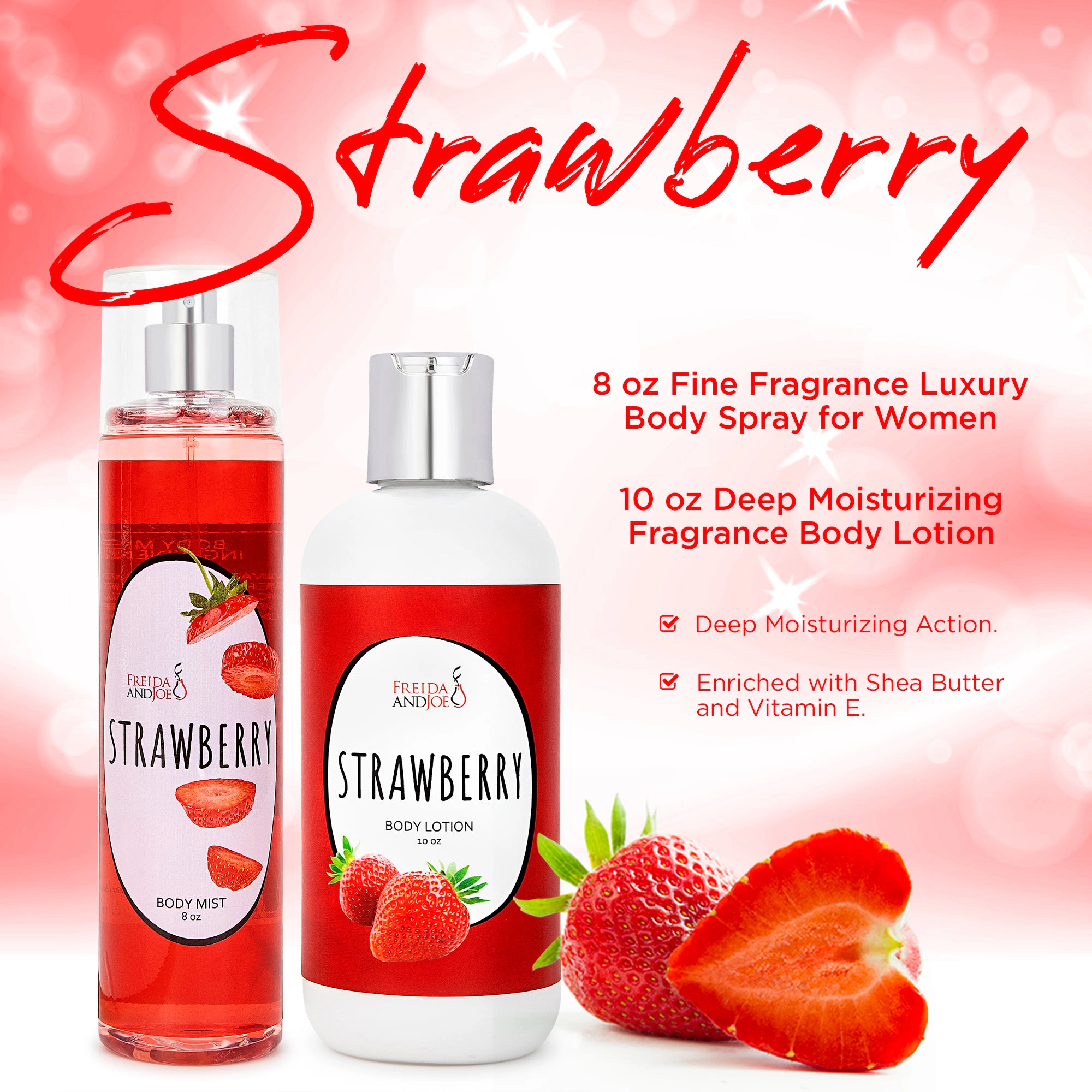 Freida and Joe Women Strawberry 10oz Body Lotion & 8oz Body Mist Spa Combo