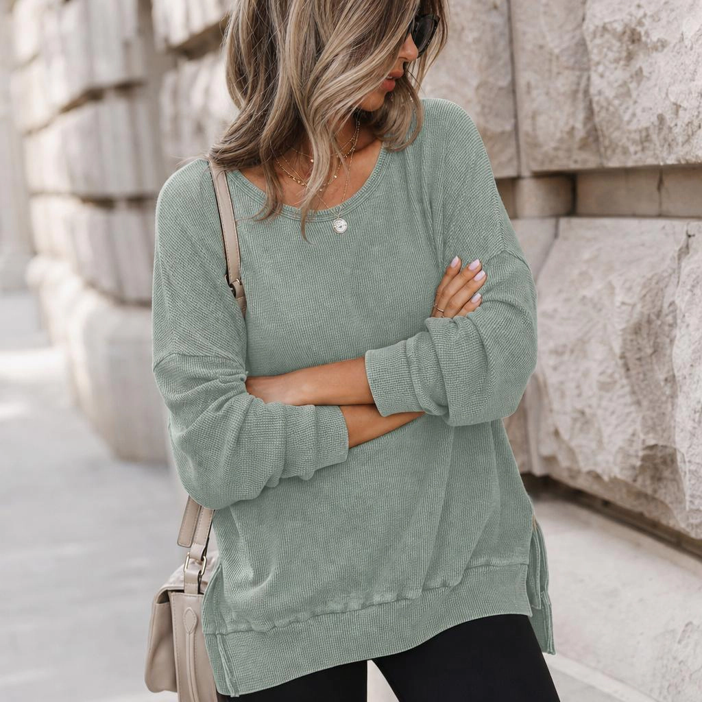YesFashion Womens Oversized Waffle Sweatshirts Casual Crewneck Long Sleeve Side Slit Pullover Tops