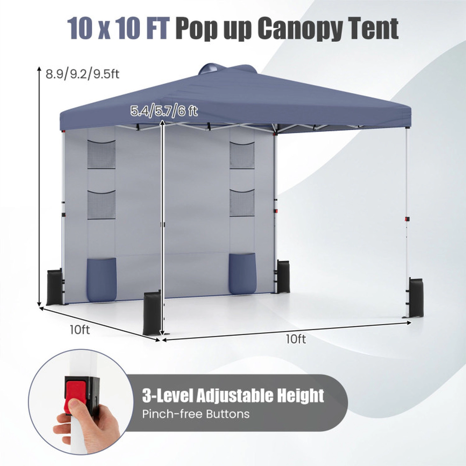 SUGIFT Pop Up Canopy Tent with Sidewall and 6 Storage Pockets 3-Height Adjustable Gazebo Gray